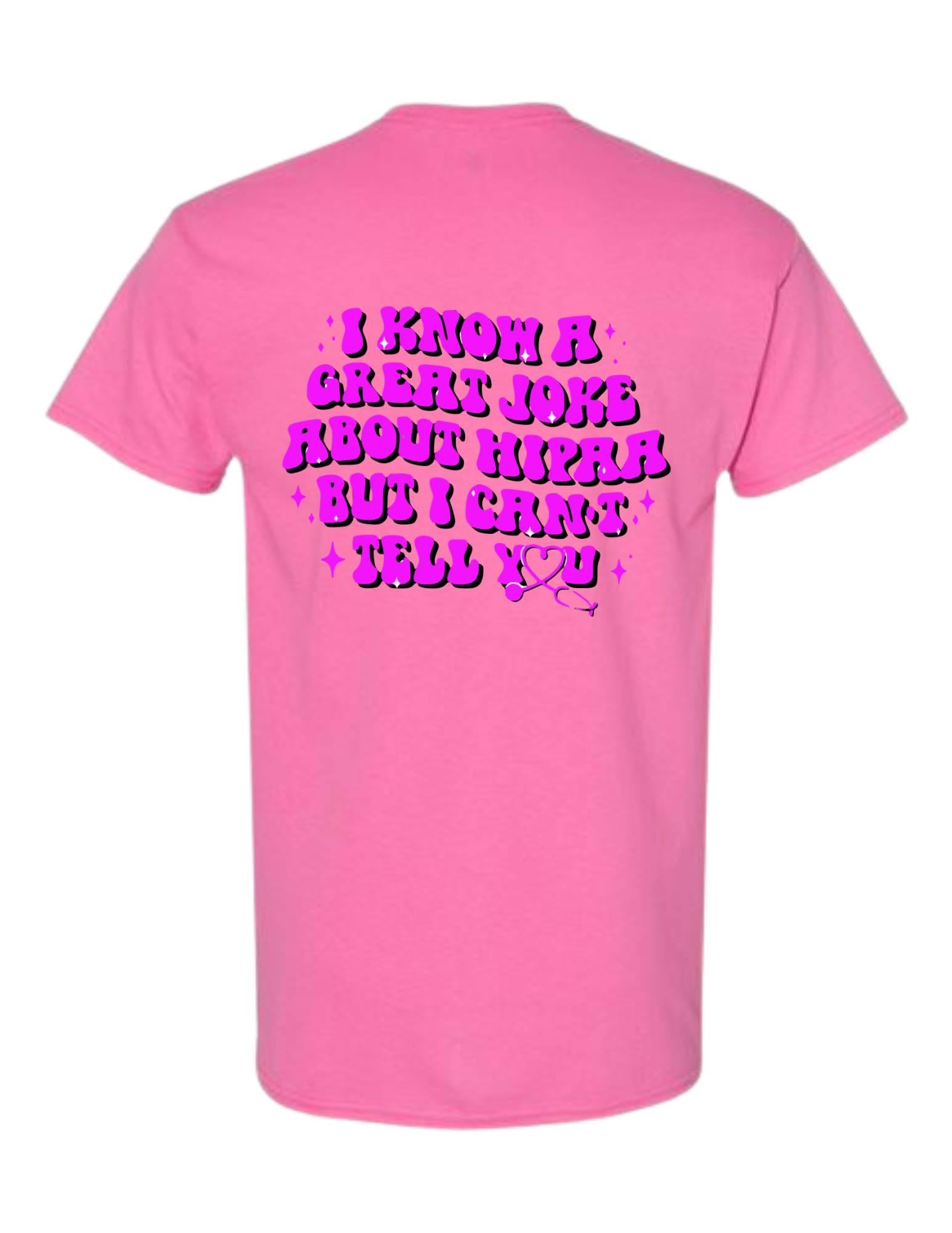 Pink t-shirt with purple text on a white background
