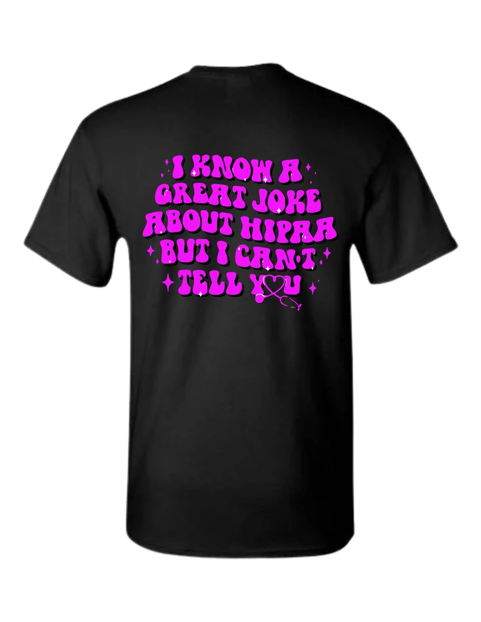 Black t-shirt with pink text on a white background