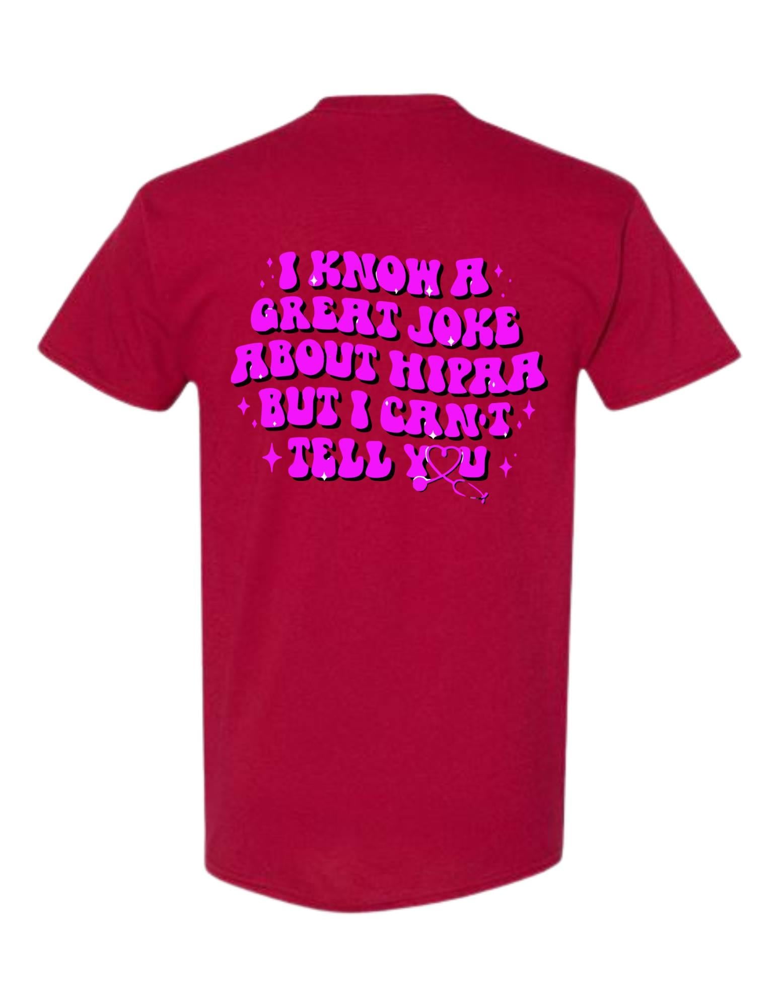 Red t-shirt with pink text on a white background