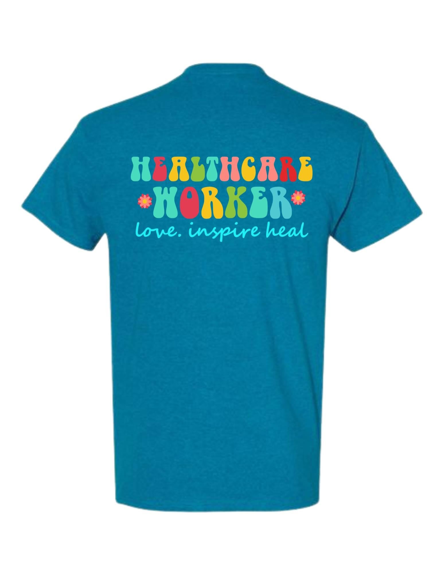 Blue t-shirt with 'Healthcare Worker' text on the back