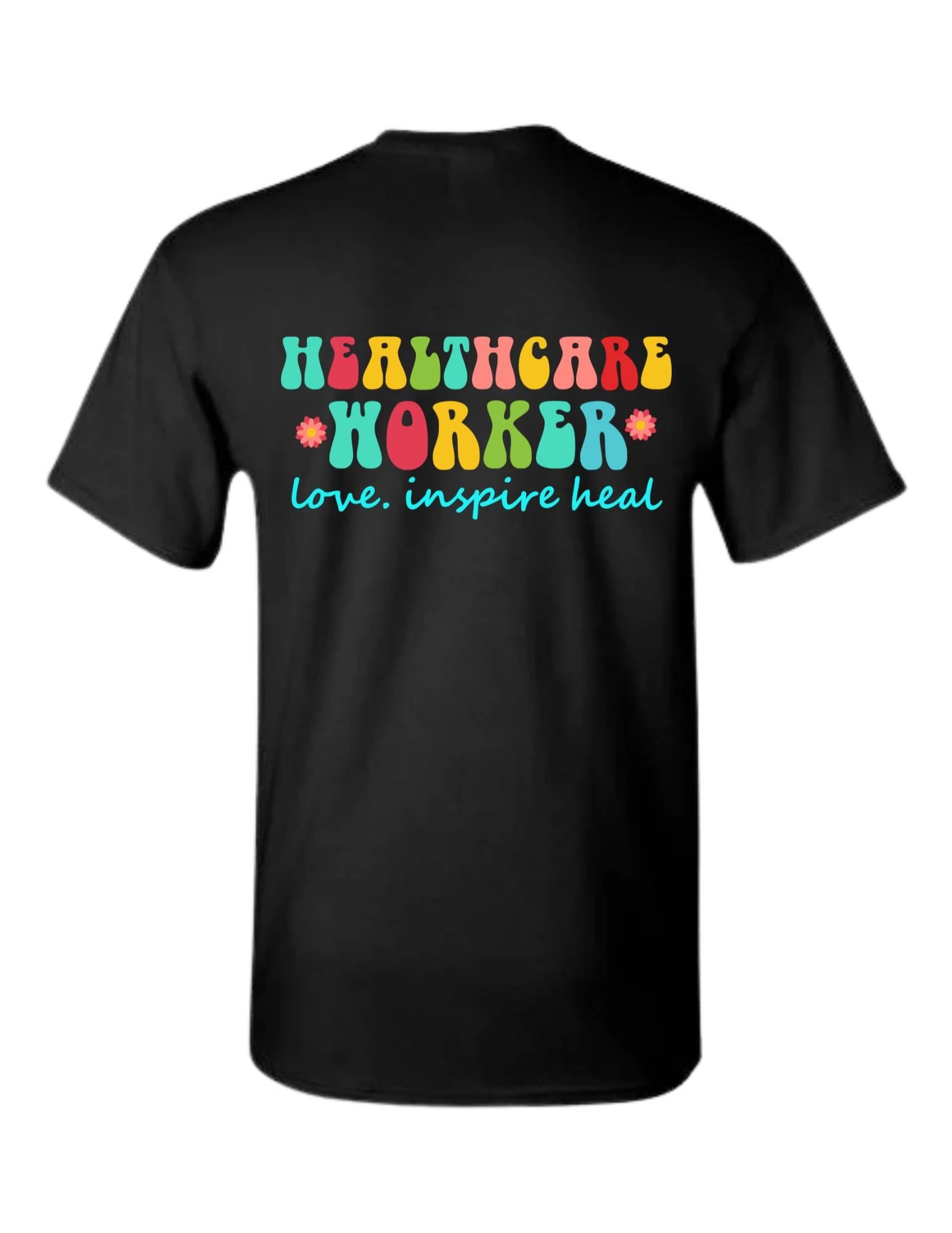 Black t-shirt with colorful 'Healthcare Worker' text on a white background