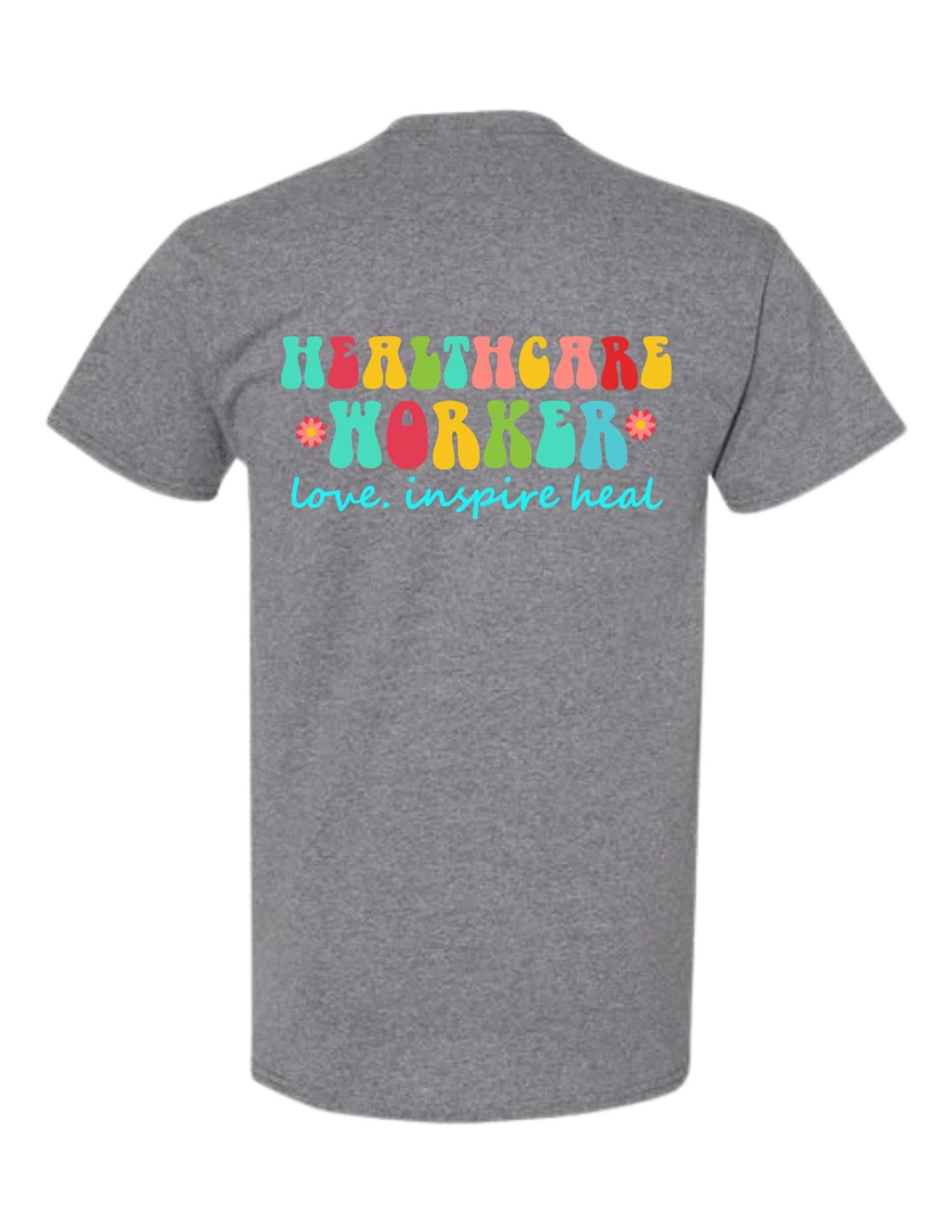 Gray t-shirt with colorful 'Healthcare Worker' text on the back