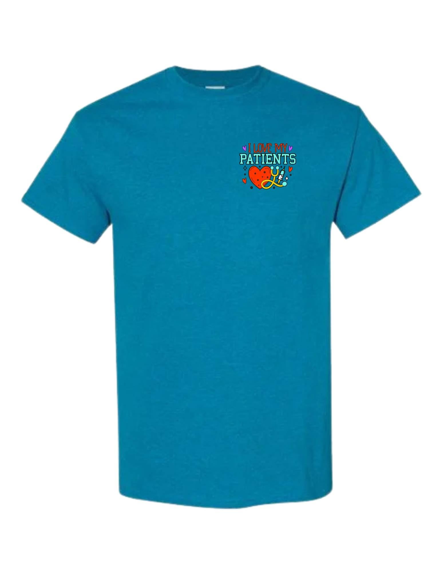 Blue t-shirt with a colorful graphic and text on a white background