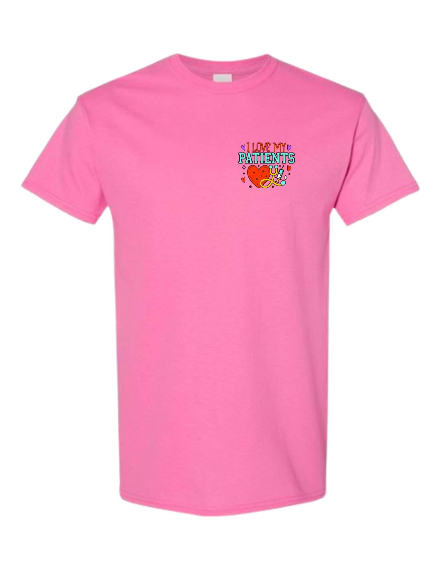 Pink t-shirt with a graphic design on a white background