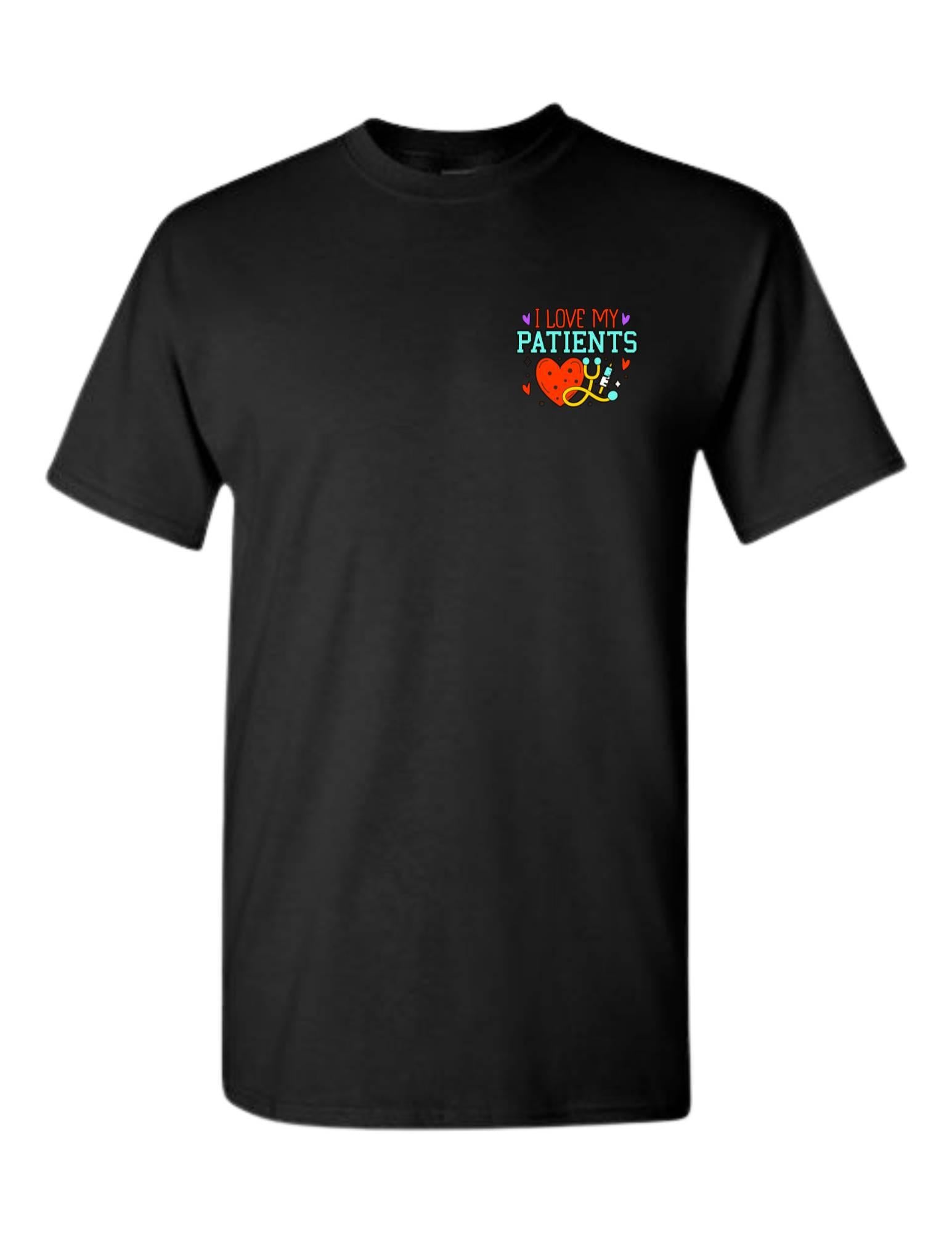 Black t-shirt with colorful graphic and text on a white background