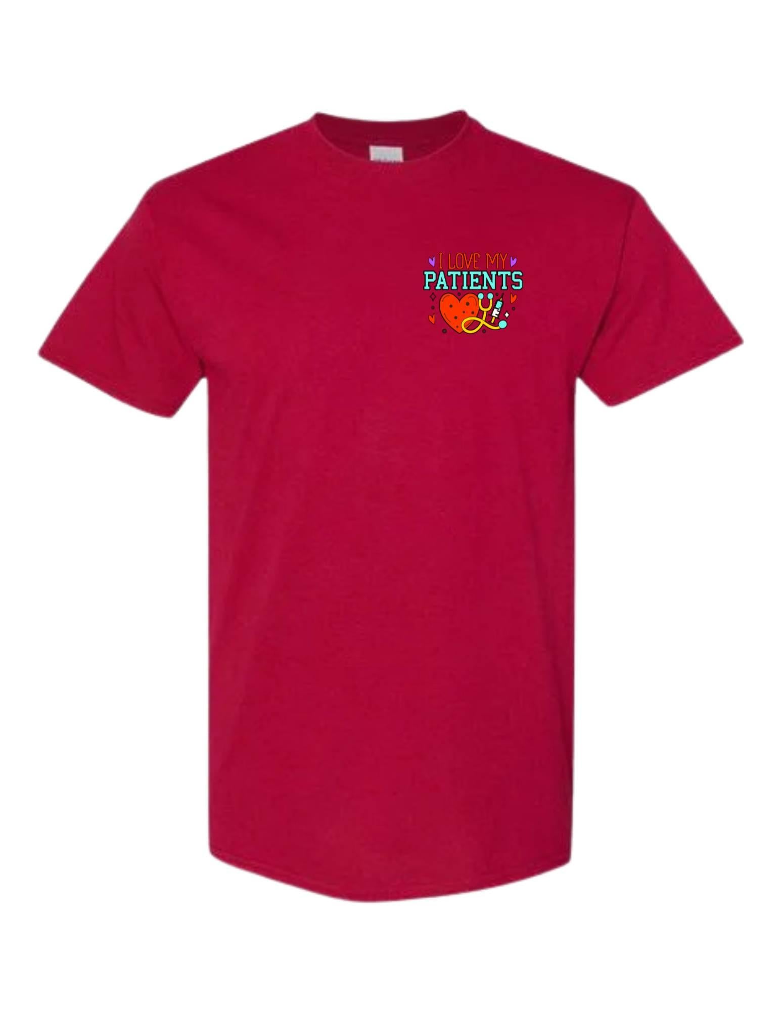 Red t-shirt with a colorful graphic and text on a white background