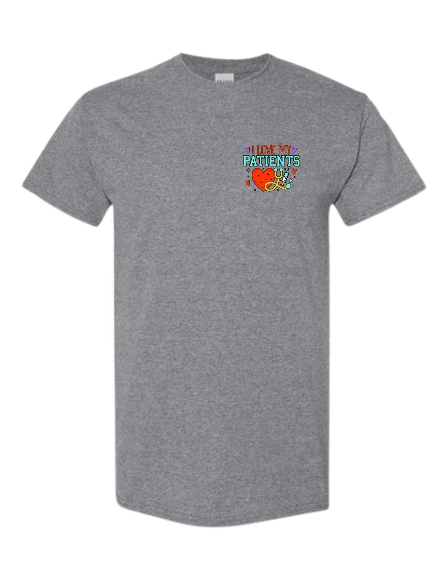Gray t-shirt with colorful graphic and text on a white background