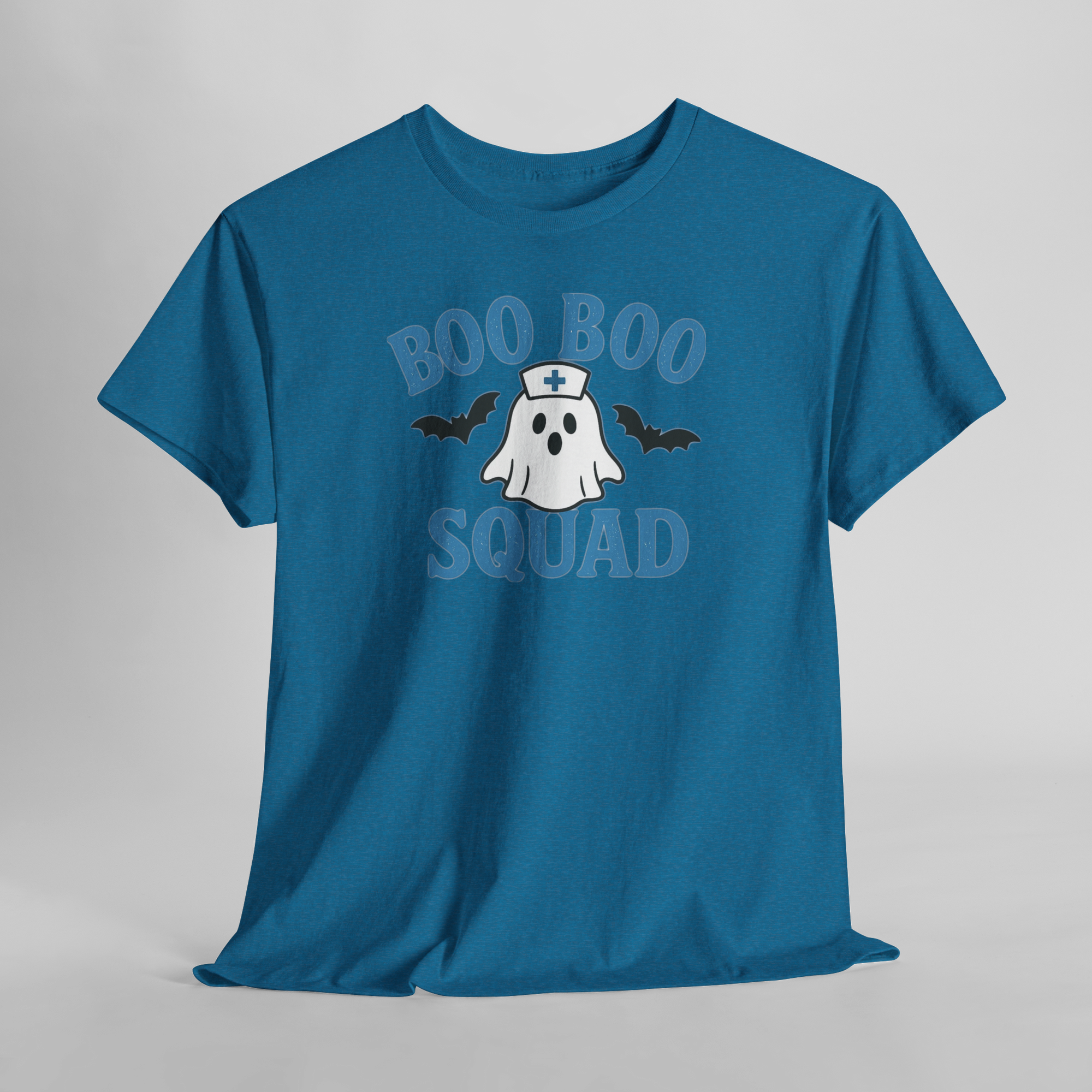Blue Boo Boo Squad ghost with nurse hat and bats on a Gildan 5000 unisex crewneck tee.