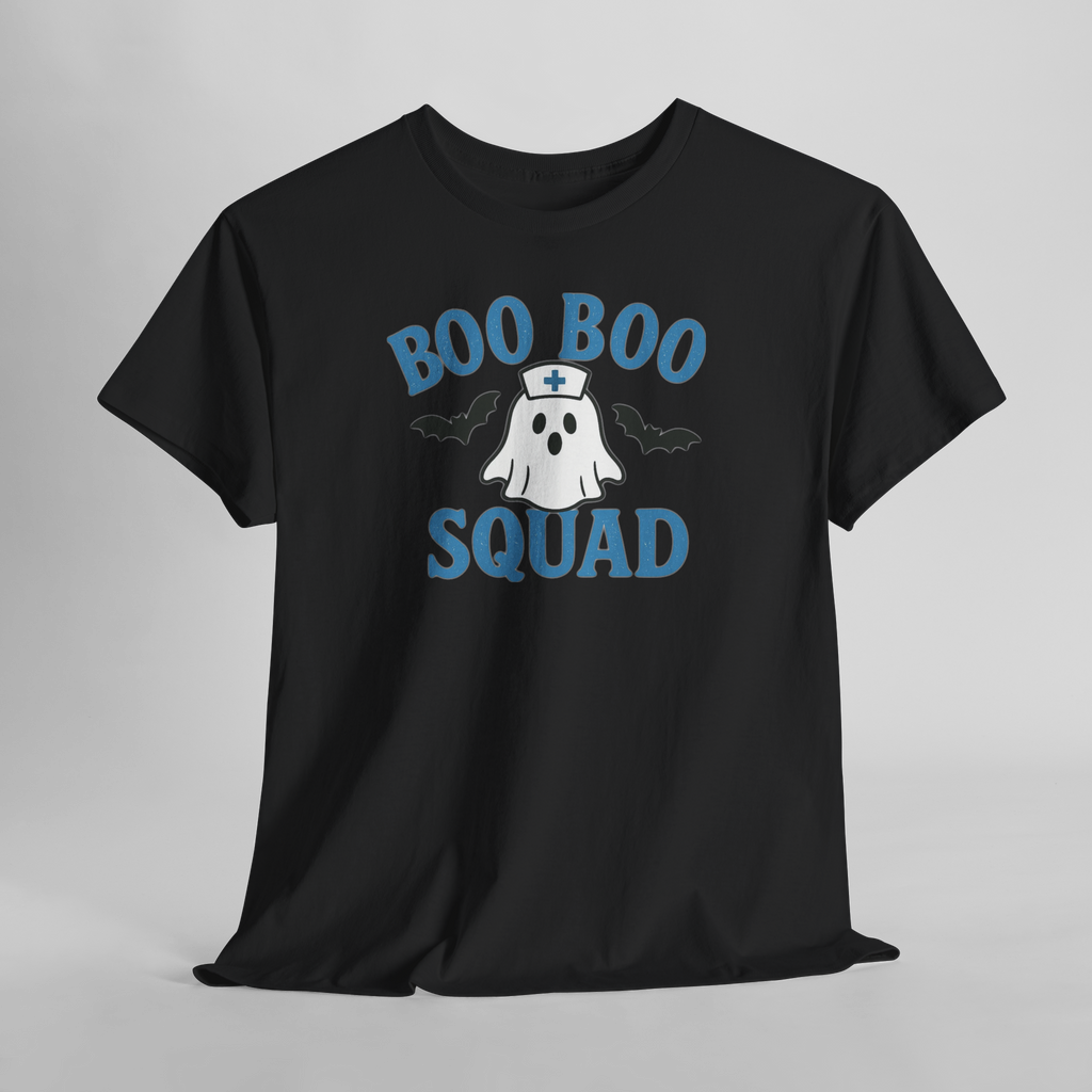 Blue Boo Boo Squad ghost graphic with nurse hat and bats on black Gildan 5000 heavy cotton unisex T-shirt