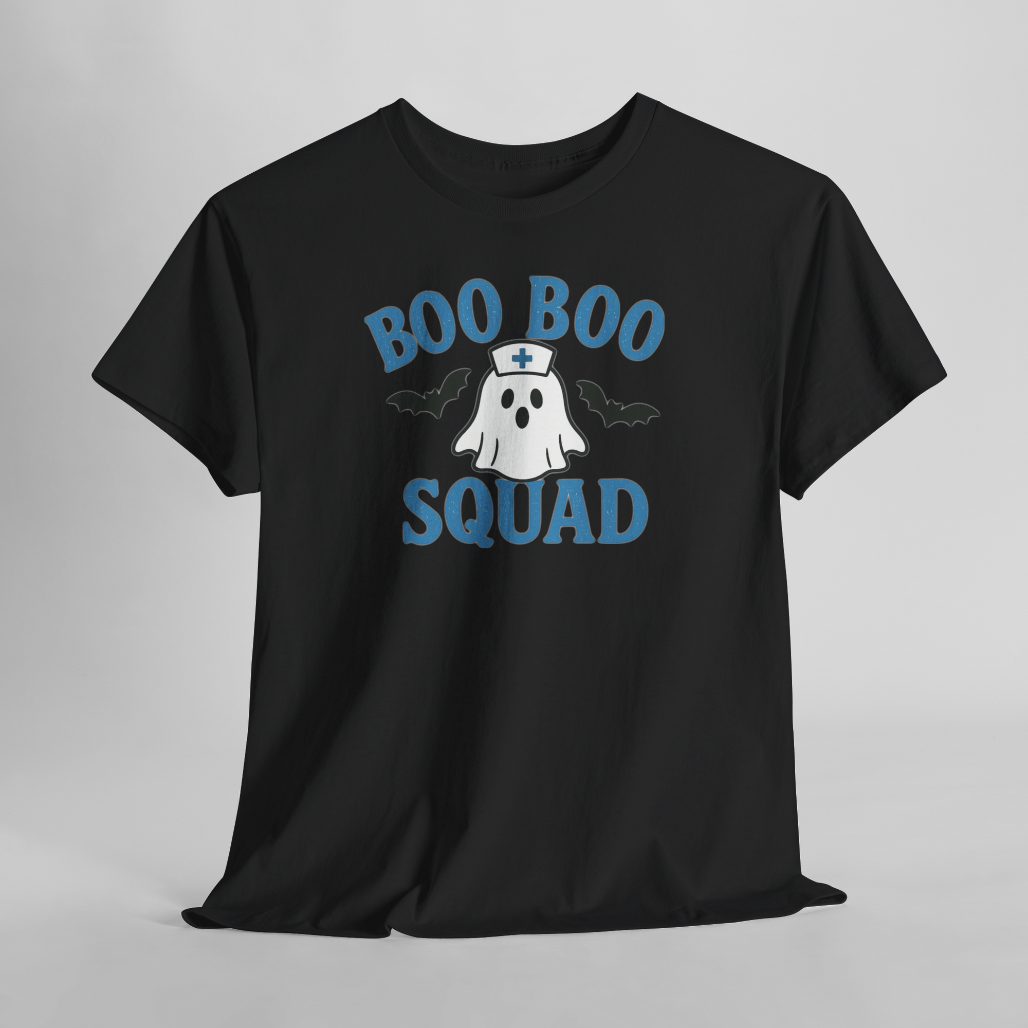 Blue Boo Boo Squad ghost graphic with nurse hat and bats on black Gildan 5000 heavy cotton unisex T-shirt