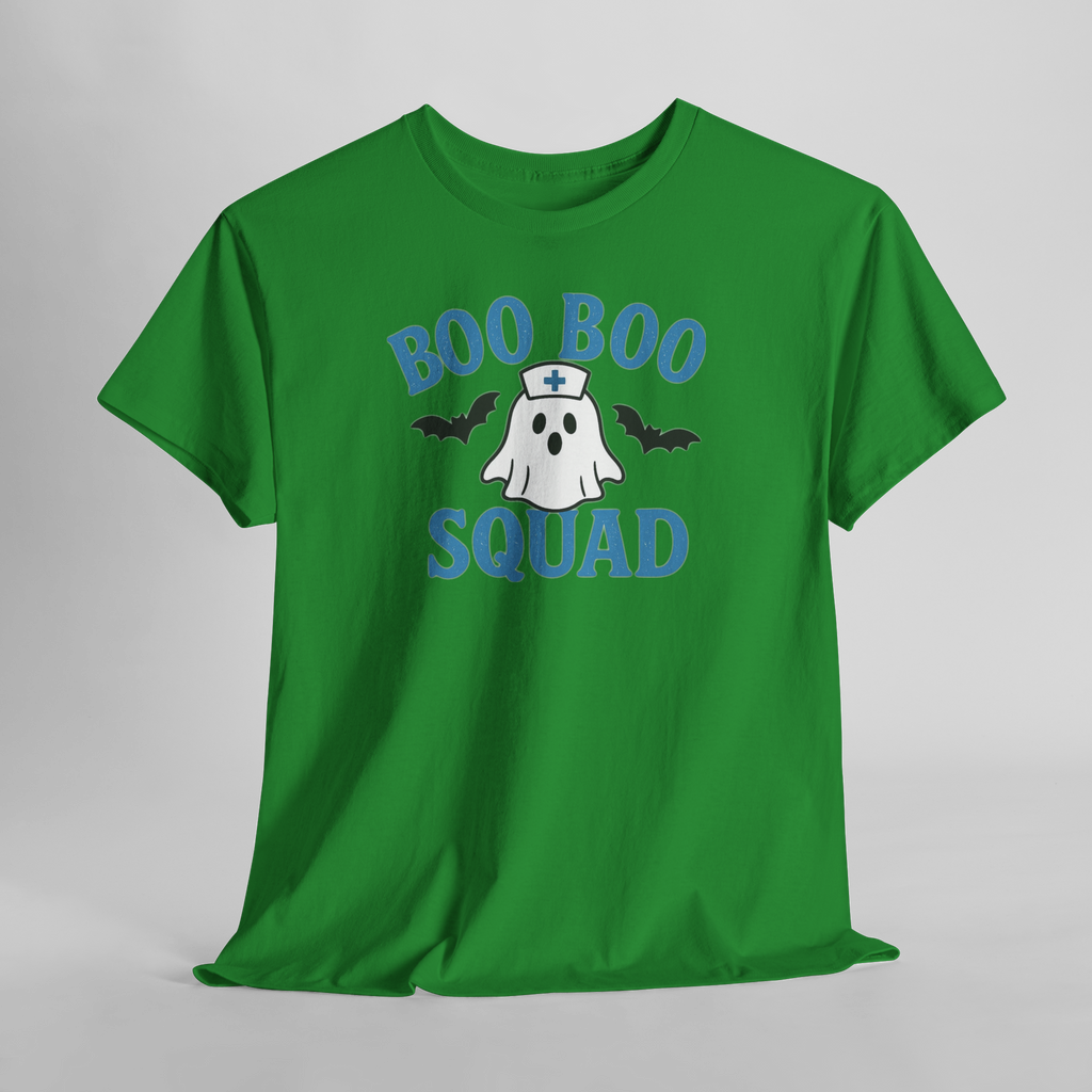 D&L Blue Boo Boo Squad Gildan 5000 heavy cotton T-shirt featuring a ghost with bats on a green unisex crewneck.