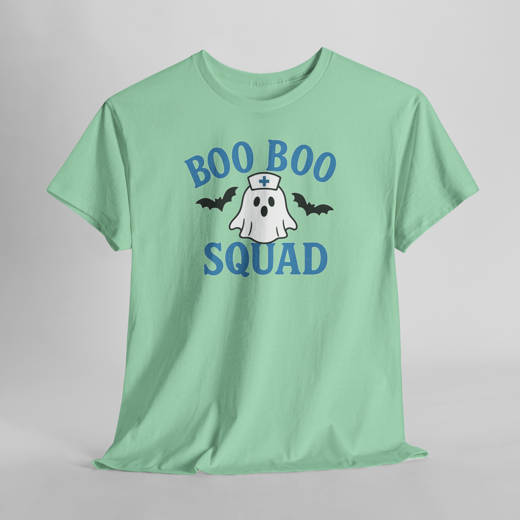 Mint green Gildan 5000 unisex tee with Blue Boo Boo Squad ghost, nurse hat, and bats design.