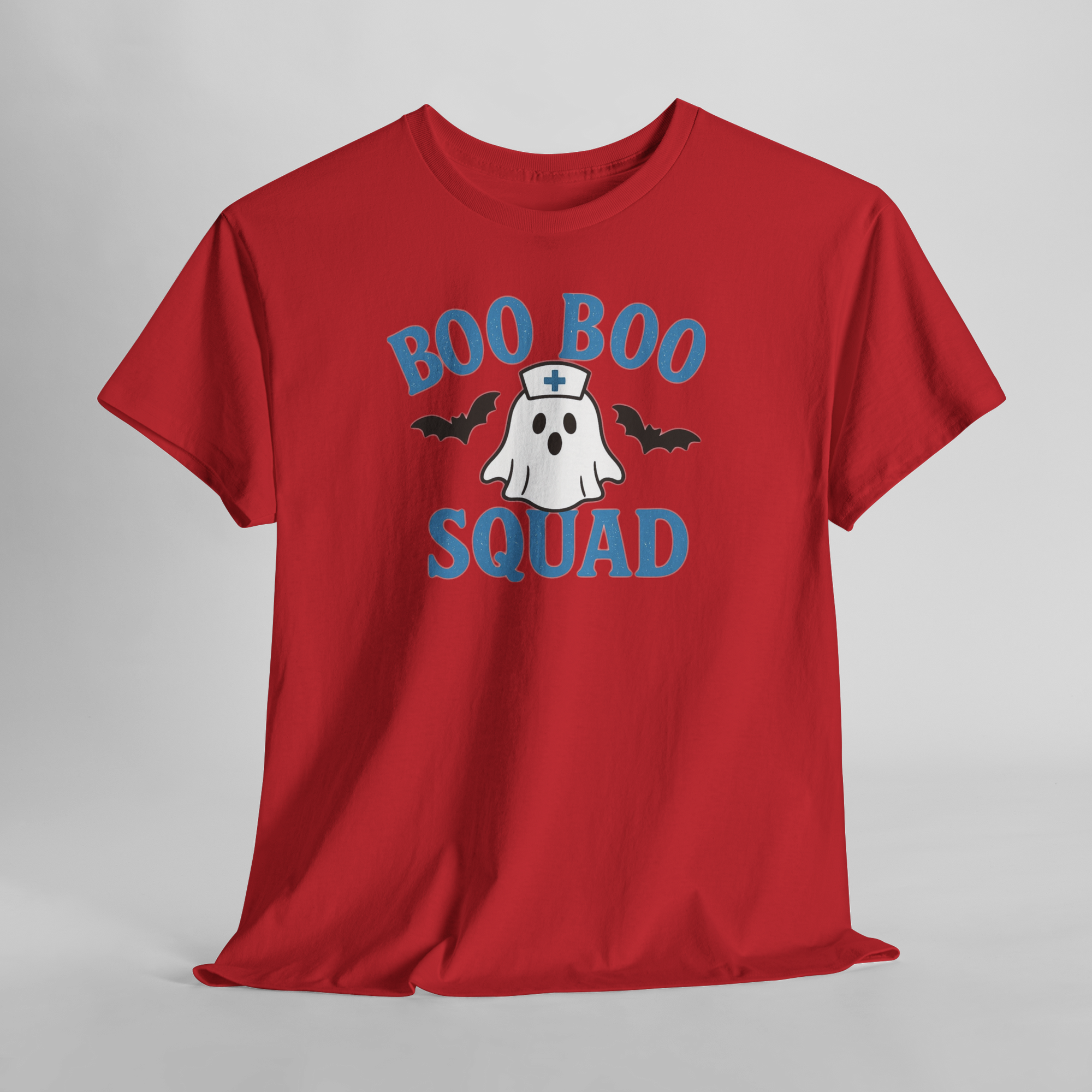 Red Gildan 5000 tee with blue Boo Boo Squad logo, ghost nurse and bats graphic.
