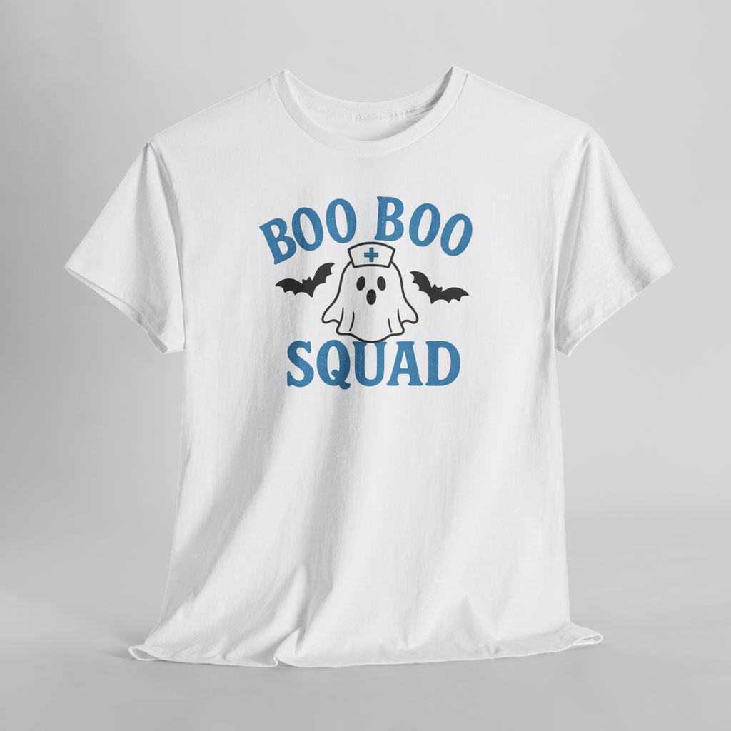 D&L Blue Boo Boo Squad white Gildan 5000 heavy cotton unisex tee with ghost, nurse hat, and bats design
