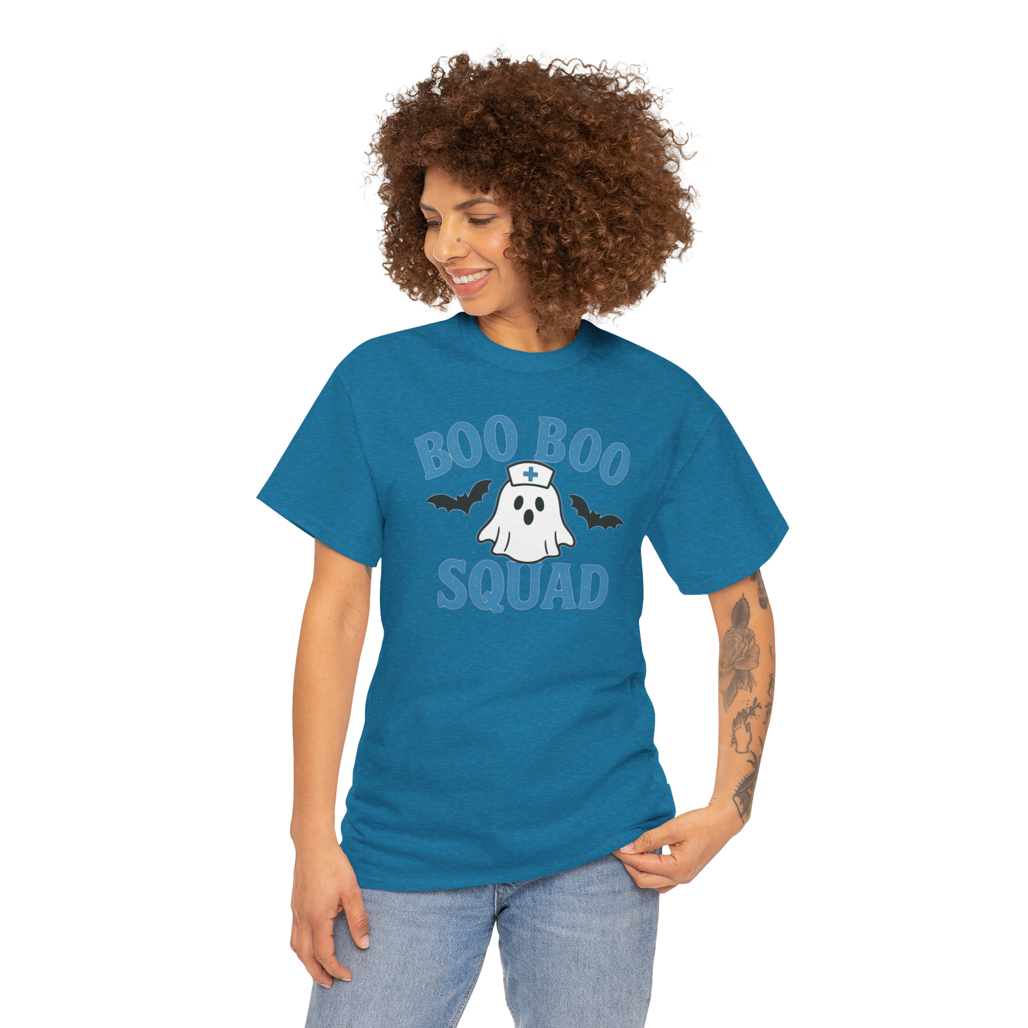 Person wearing blue Boo Boo Squad Gildan 5000 heavy cotton unisex crewneck tee with ghost and bats design.