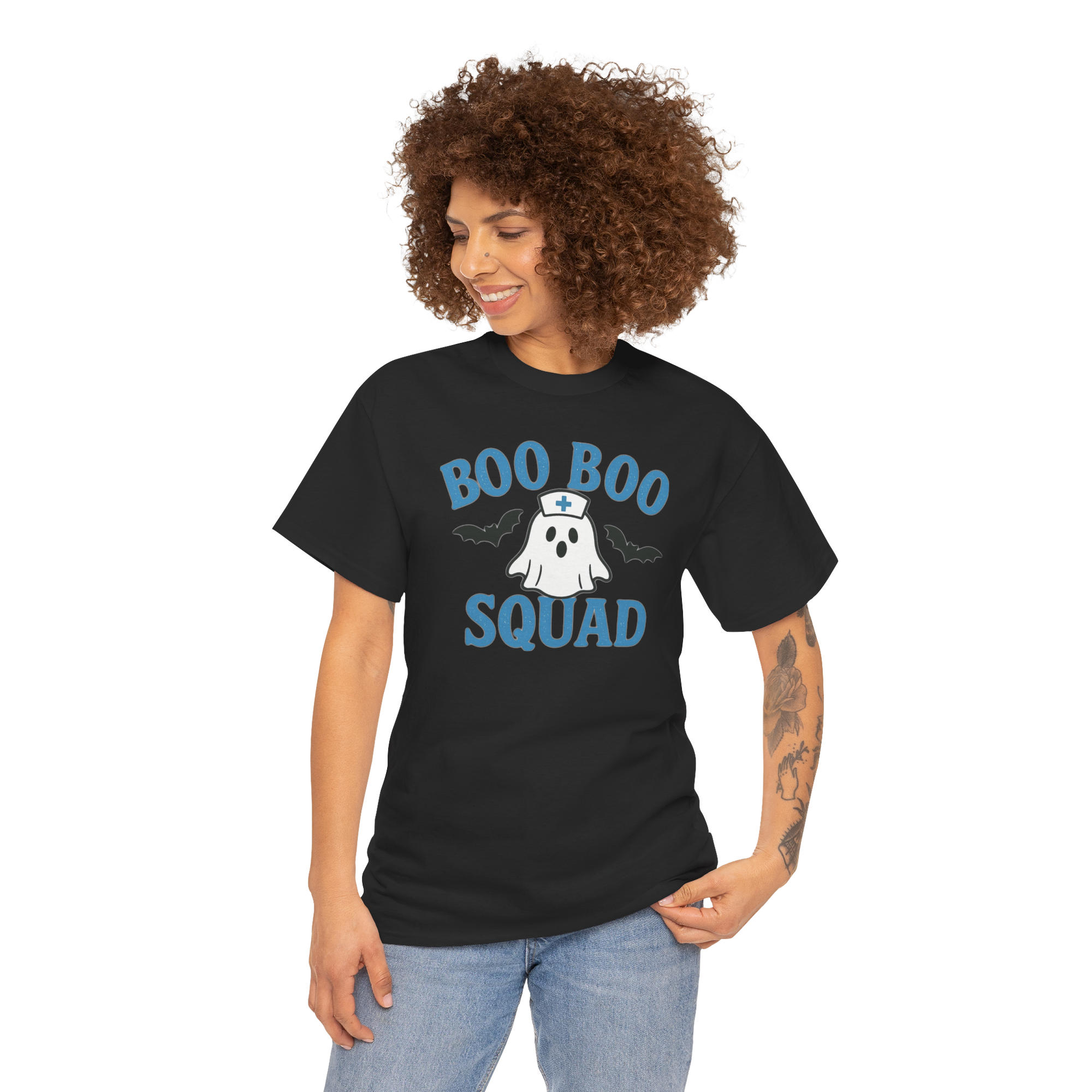 Woman wearing black Gildan 5000 T-shirt with blue Boo Boo Squad ghost and bats graphic.