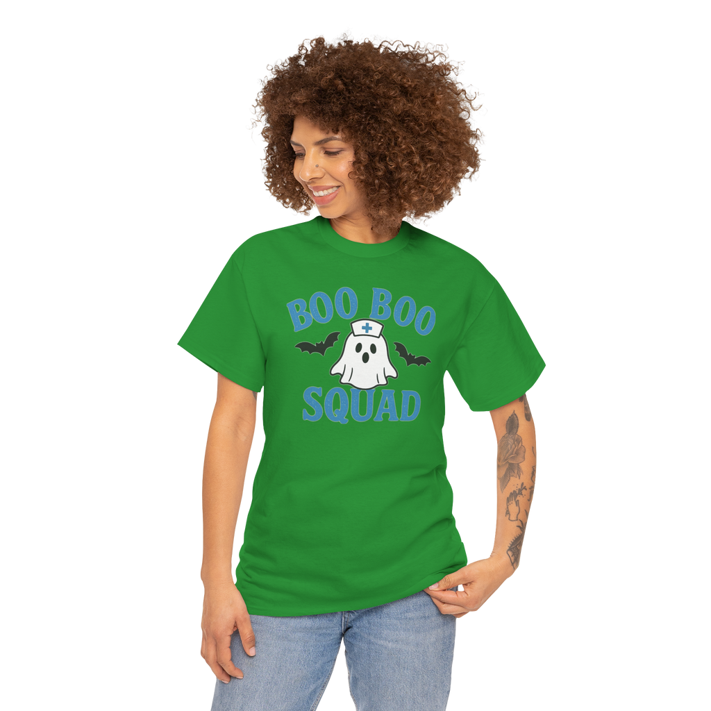 Green D&L Boo Boo Squad Gildan 5000 tee worn by woman, featuring ghost with nurse hat and bats.