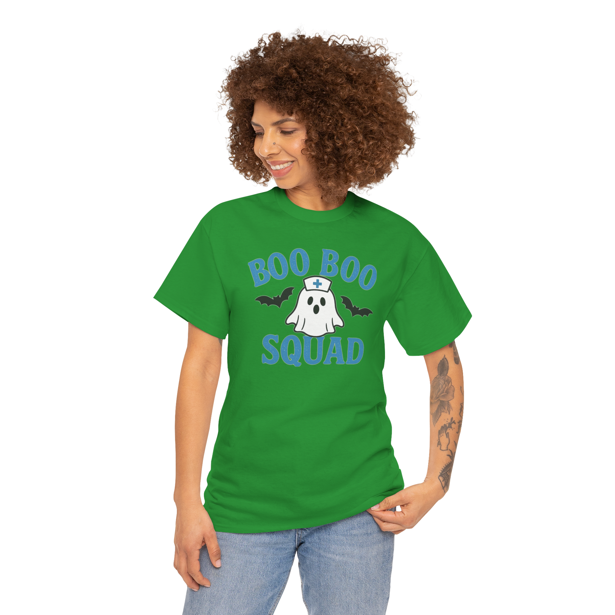 Green D&L Boo Boo Squad Gildan 5000 tee worn by woman, featuring ghost with nurse hat and bats.