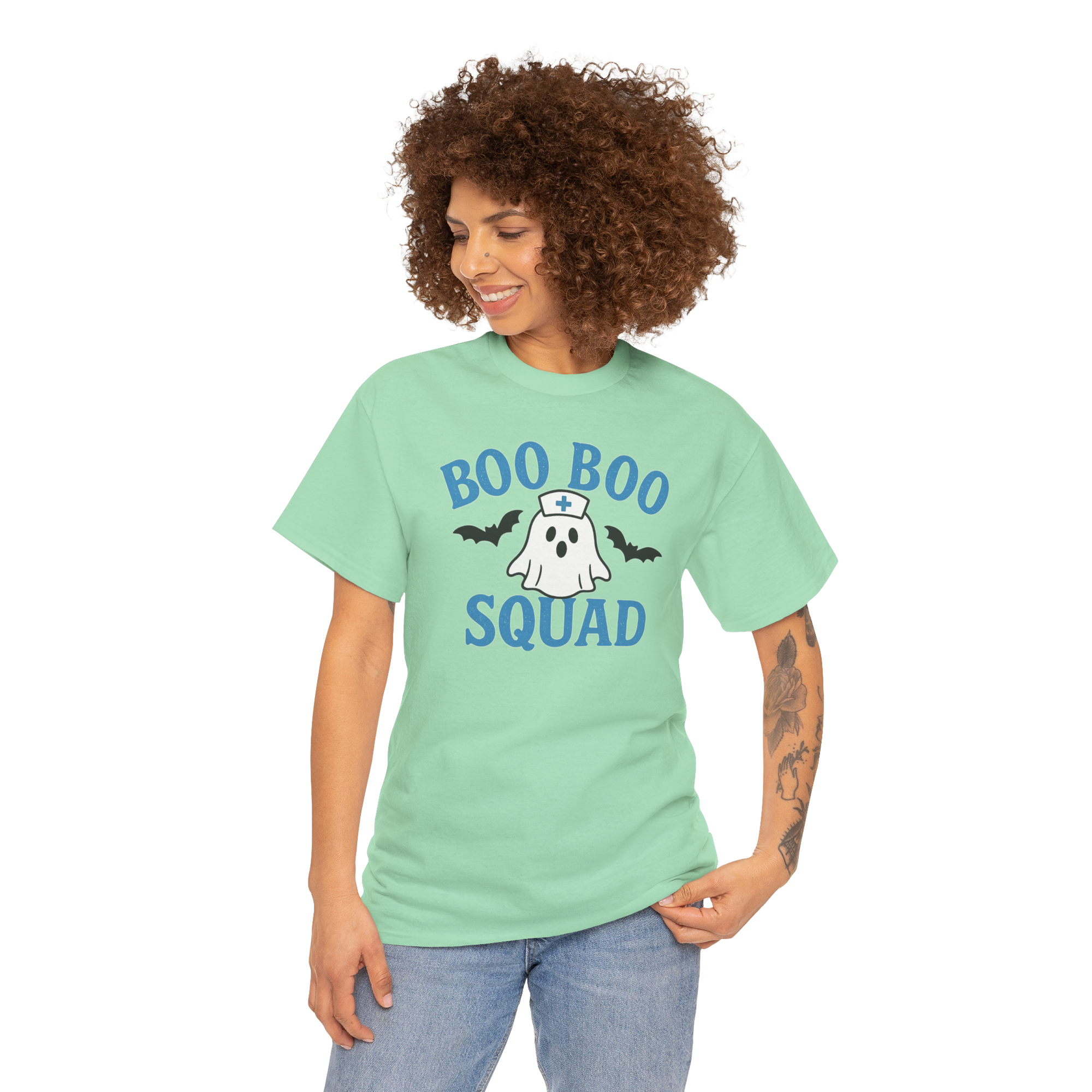 Mint green D&L Blue Boo Boo Squad Gildan 5000 heavy cotton tee with ghost and bats on a smiling woman.