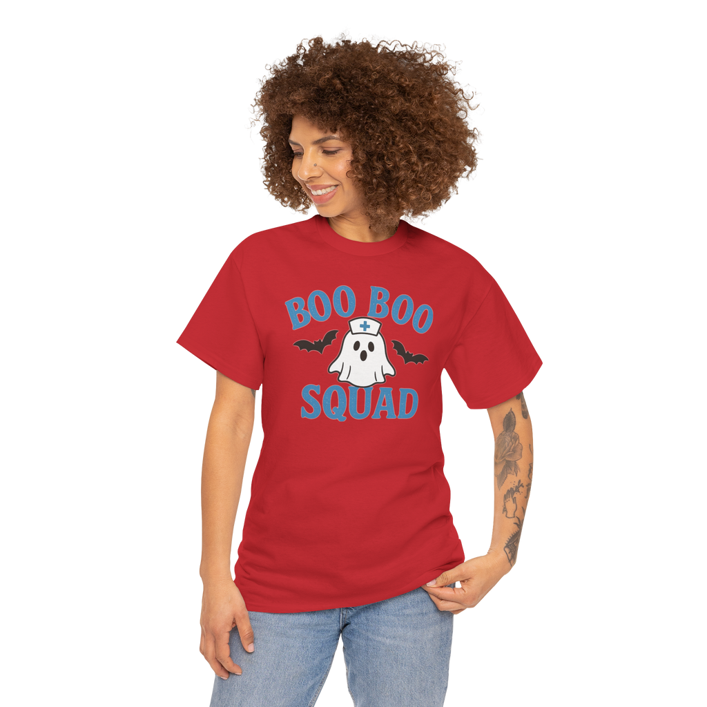 Woman wearing red Boo Boo Squad T-shirt with a ghost in a nurse hat and blue lettering.