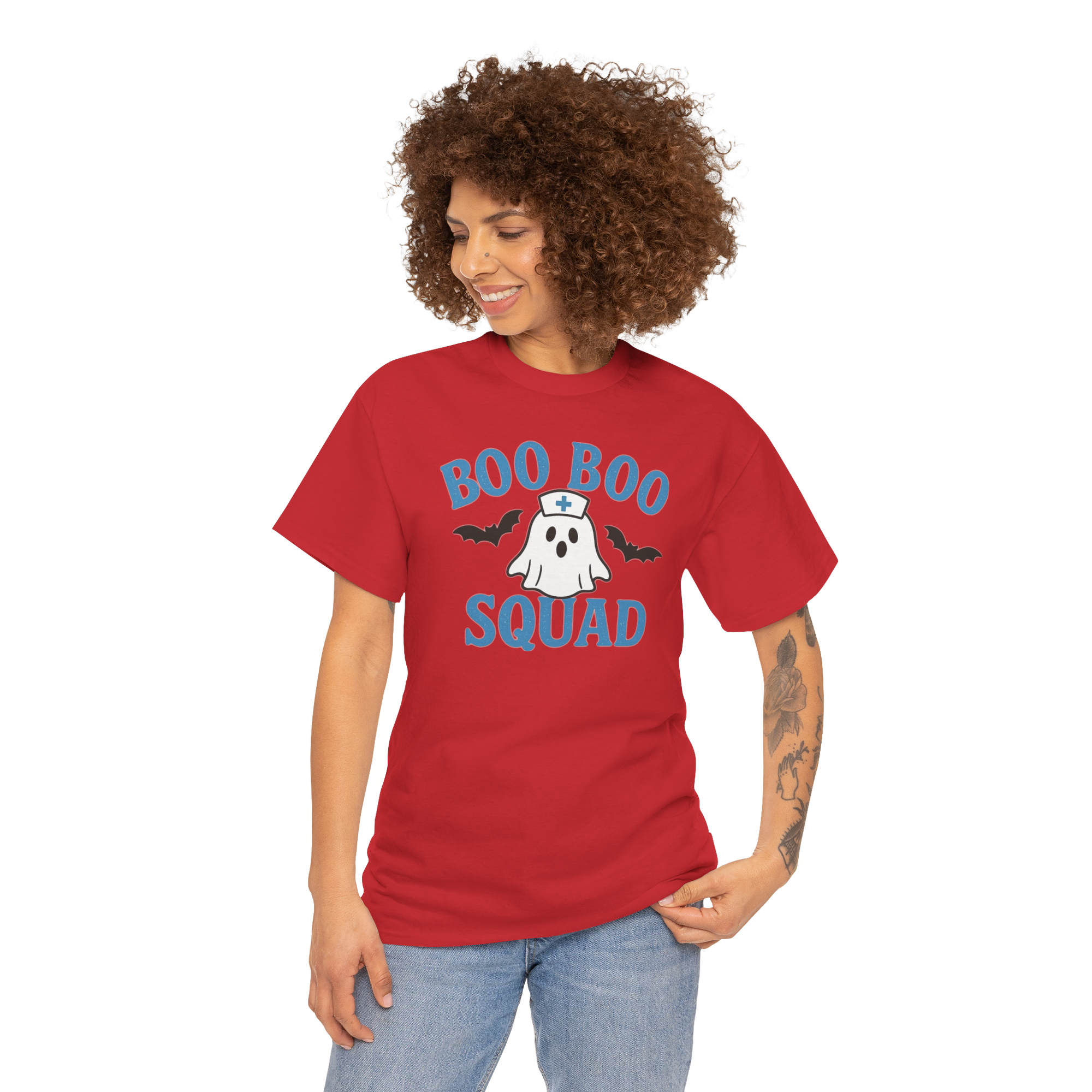 Woman wearing red Boo Boo Squad T-shirt with a ghost in a nurse hat and blue lettering.