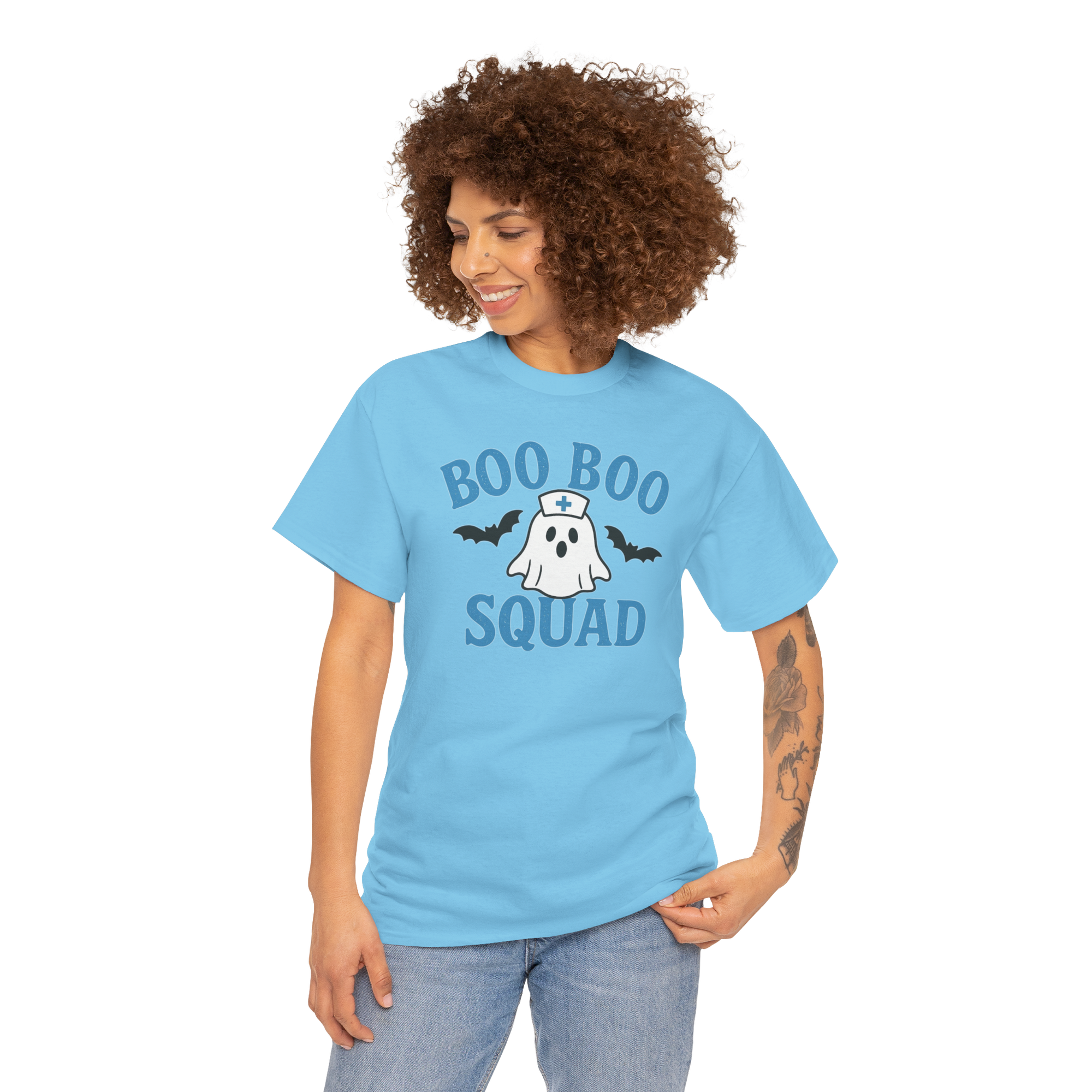 Woman wearing blue D&L Boo Boo Squad Gildan 5000 heavy cotton tee with ghost nurse design.