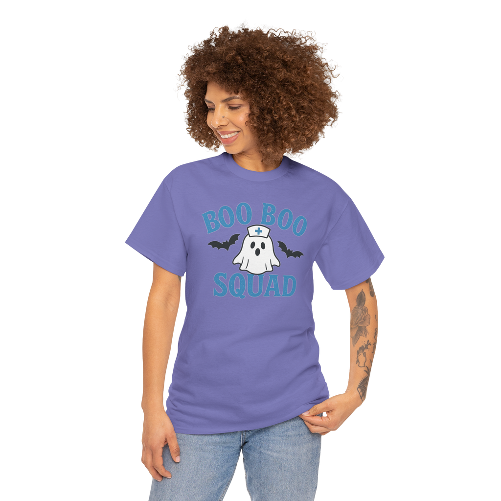 D&L Blue Boo Boo Squad Gildan 5000 Heavy Cotton T Shirt on lavender tee with ghost nurse logo and bats.