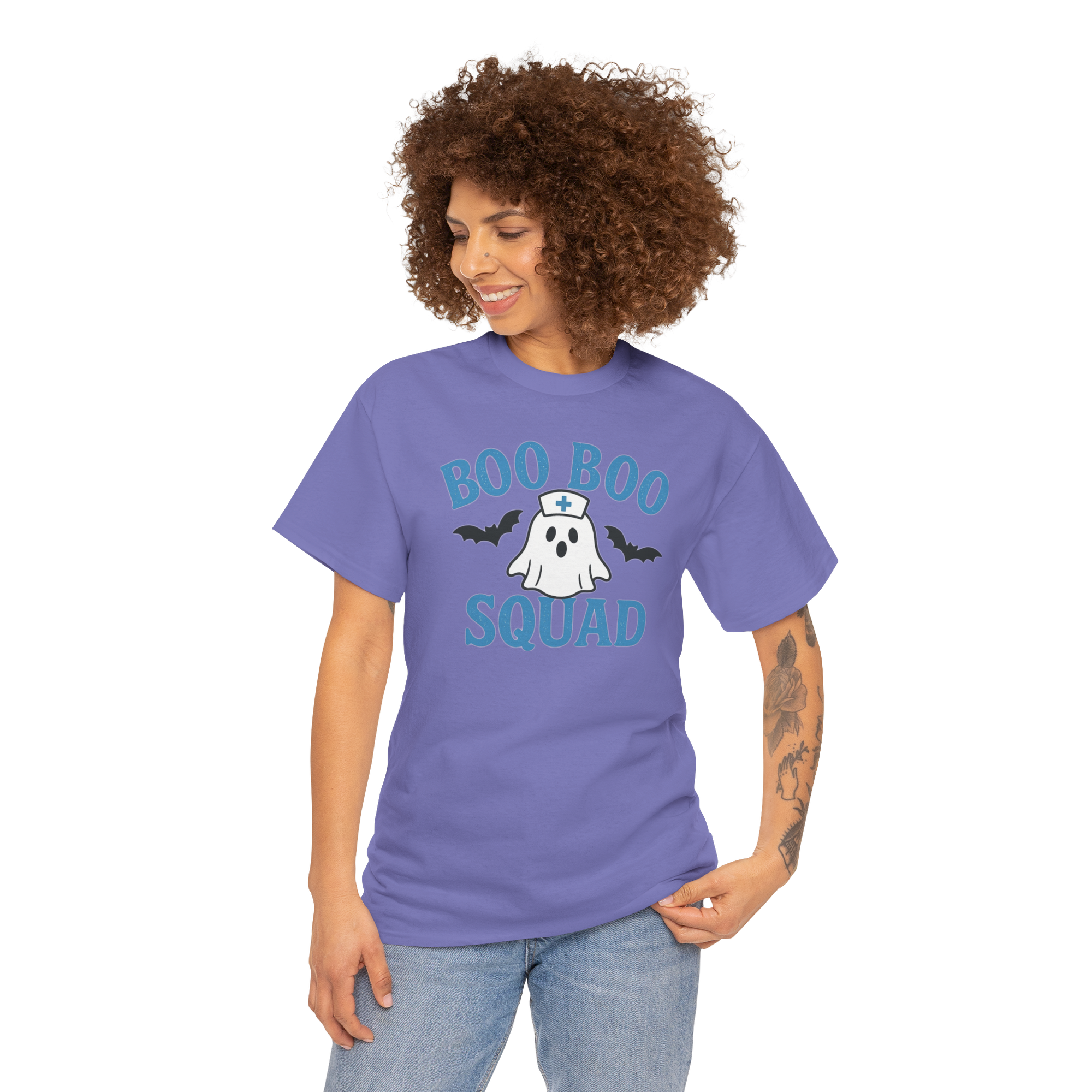 D&L Blue Boo Boo Squad Gildan 5000 Heavy Cotton T Shirt on lavender tee with ghost nurse logo and bats.