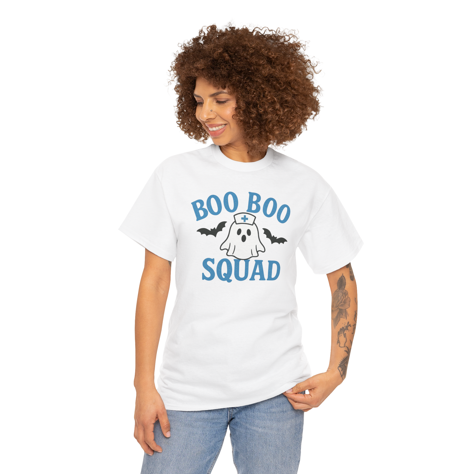 D&L Blue Boo Boo Squad Gildan 5000 heavy cotton unisex tee featuring ghost and bats in blue text