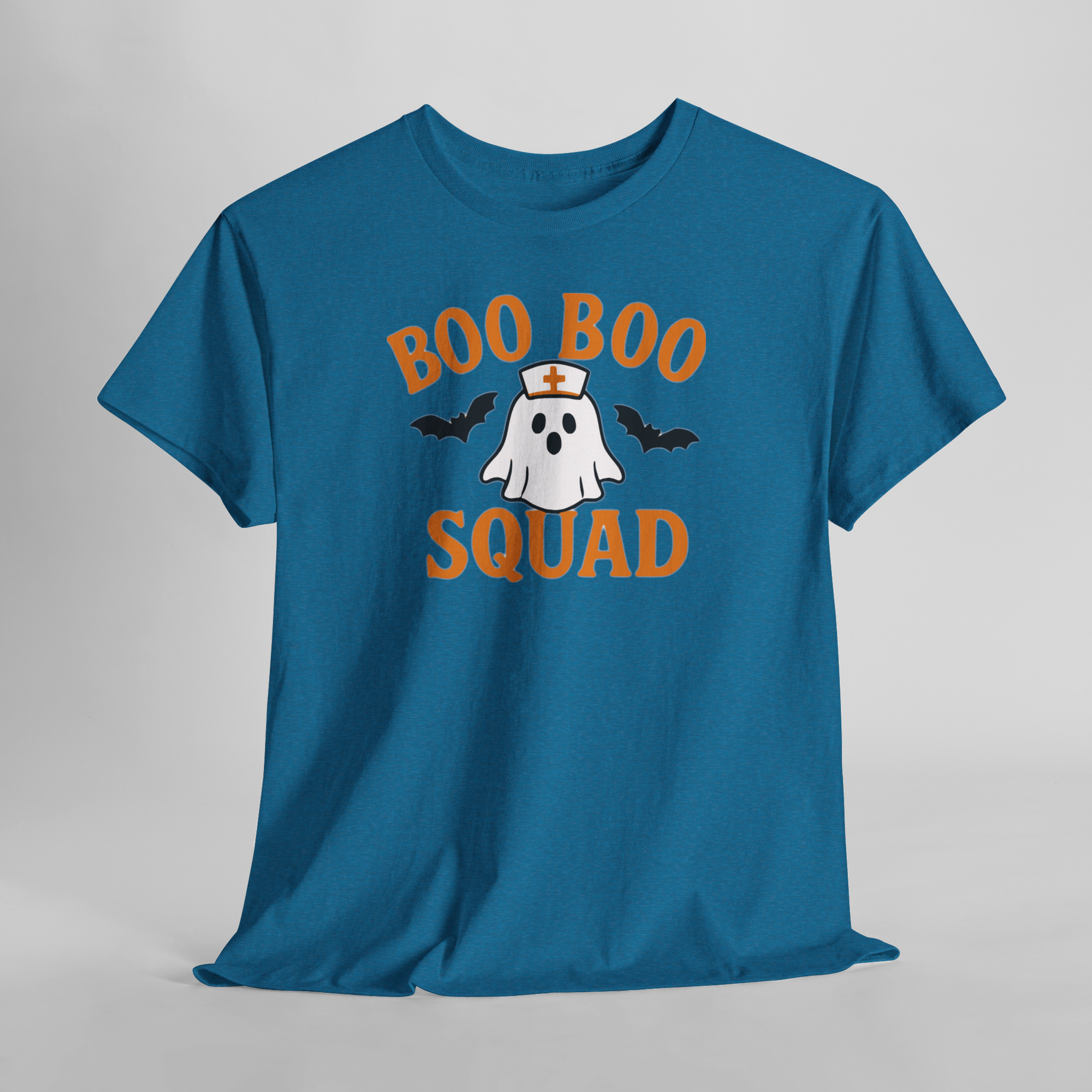 Blue Gildan 5000 t-shirt featuring Boo Boo Squad ghost, orange lettering, and bats.