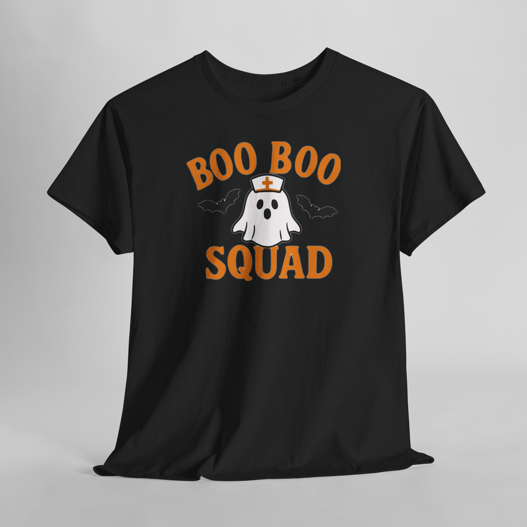Black Gildan 5000 tee with orange Boo Boo Squad text and a white ghost wearing a nurse hat, bats nearby.