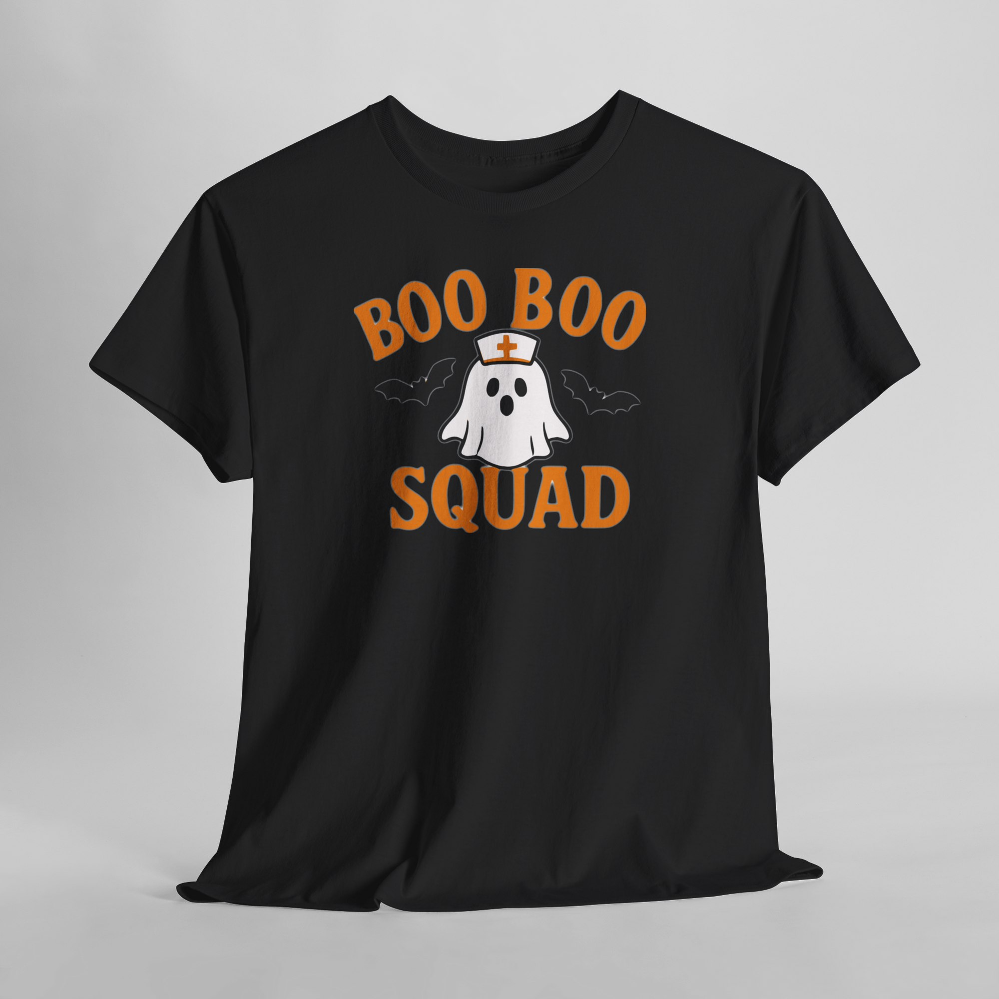 Black Gildan 5000 tee with orange Boo Boo Squad text and a white ghost wearing a nurse hat, bats nearby.