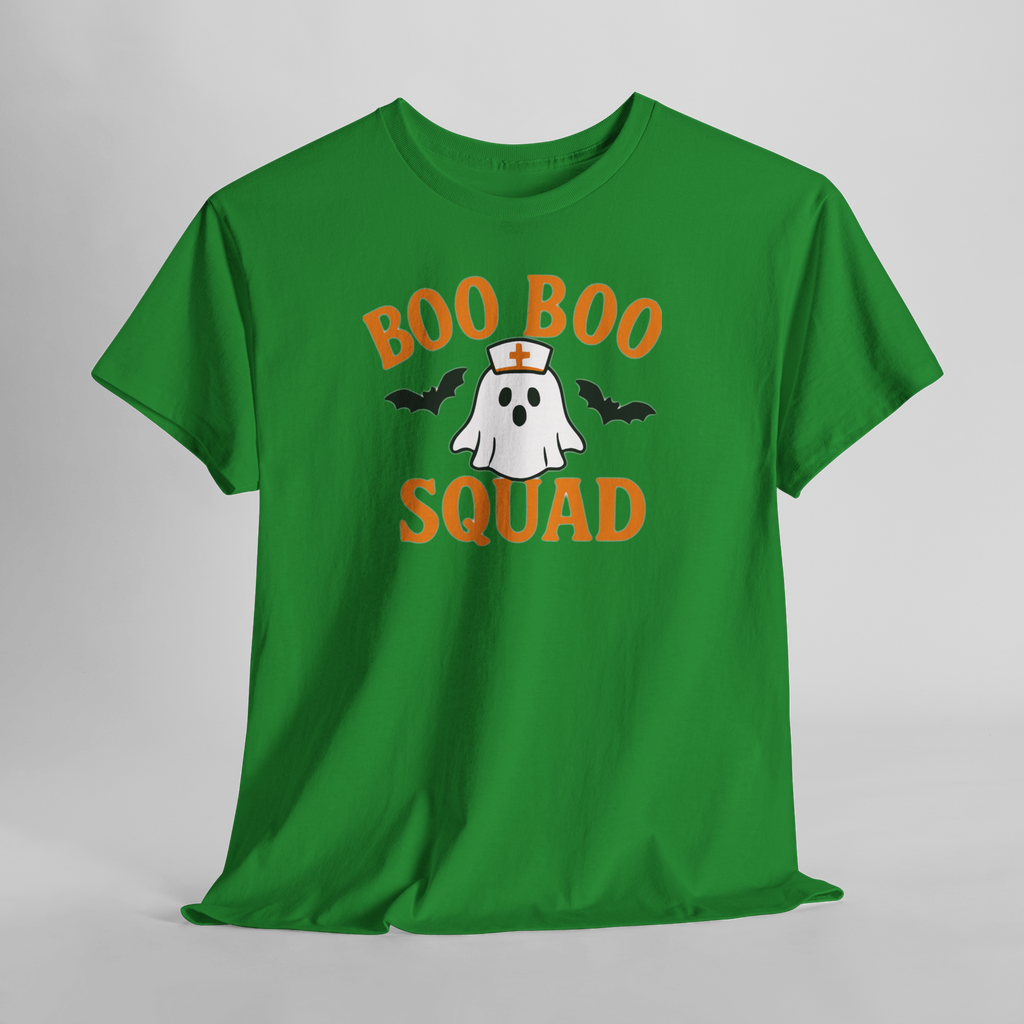Green Gildan 5000 tee with Boo Boo Squad logo: ghost nurse, orange text, bats.