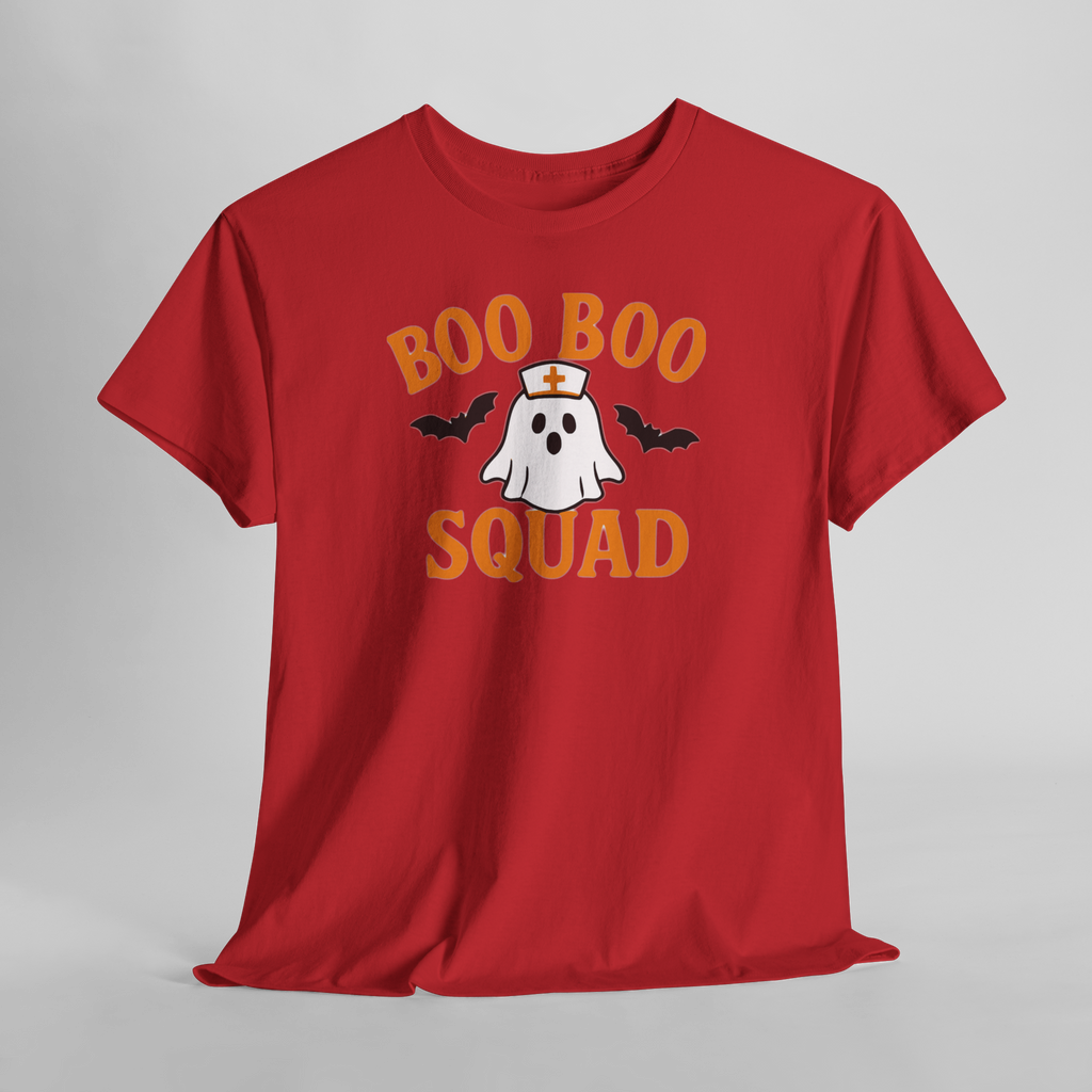 Red Gildan 5000 tee with Boo Boo Squad design: orange text, white ghost with nurse hat and bats