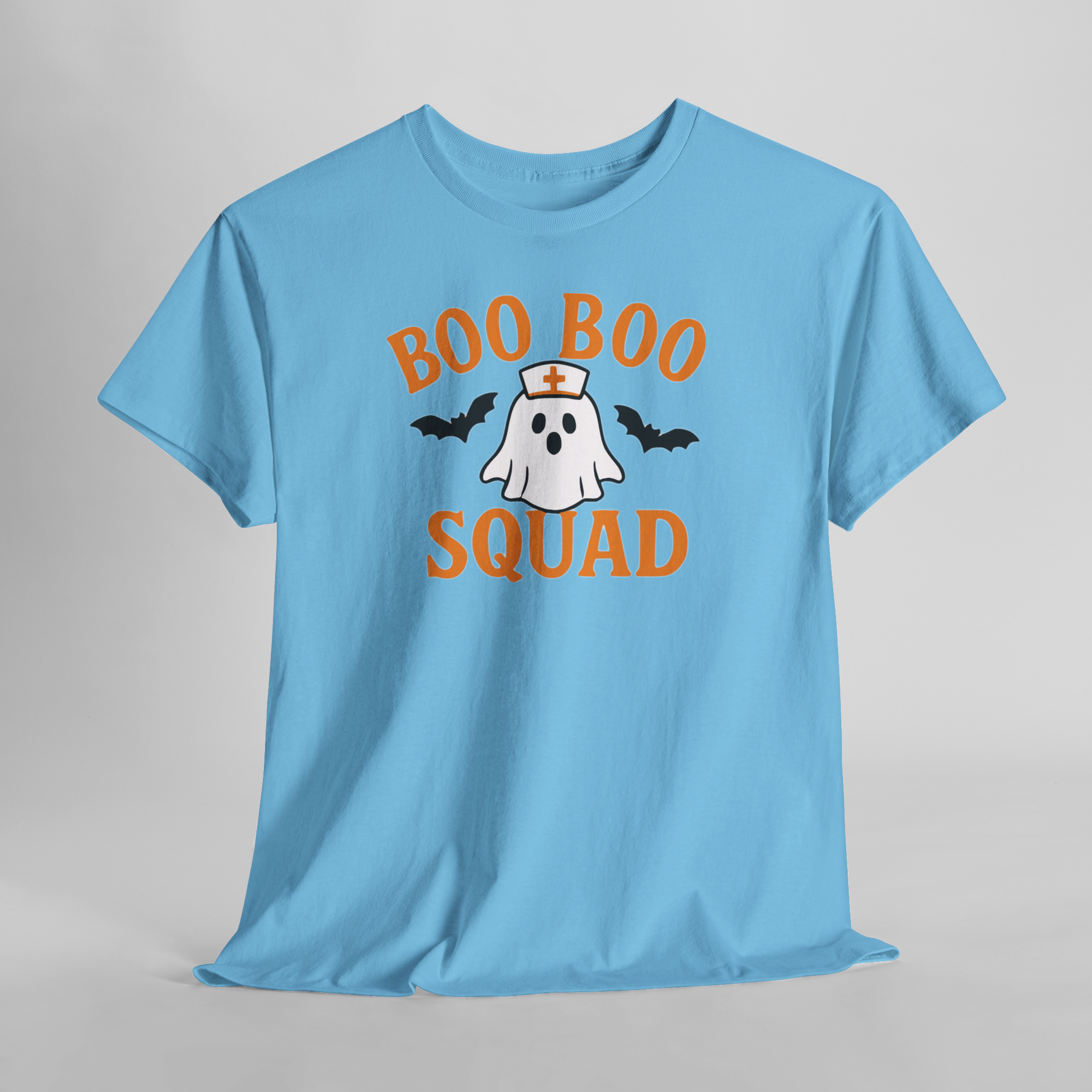 Blue Gildan 5000 tee with orange Boo Boo Squad ghost graphic, nurse hat, and bats.