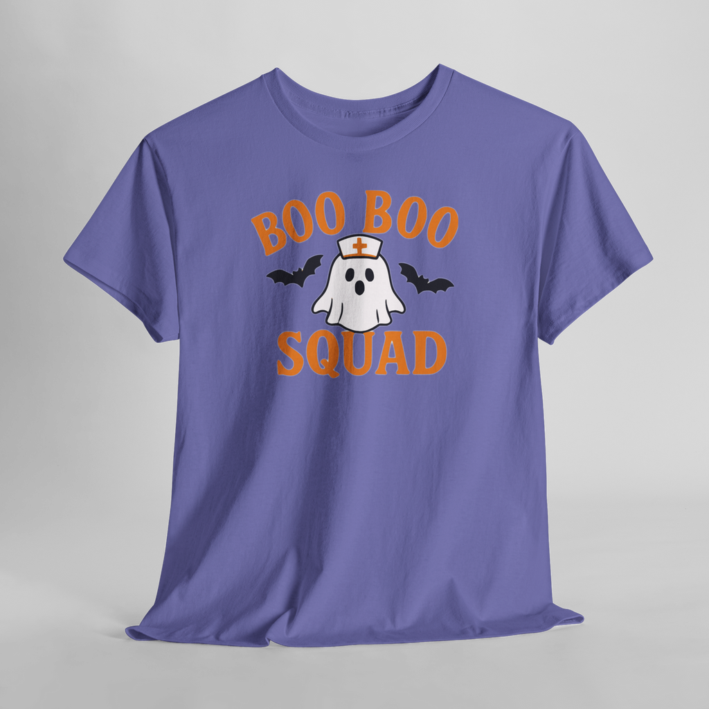 Lavender Gildan 5000 tee with orange Boo Boo Squad text and ghost nurse cap, flanked by bats.