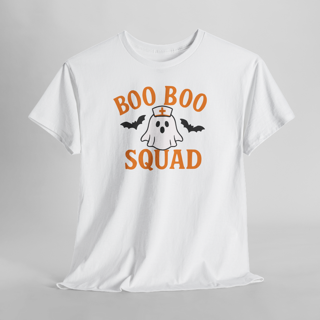 Orange Boo Boo Squad Gildan 5000 t-shirt with ghost wearing a nurse hat and bats