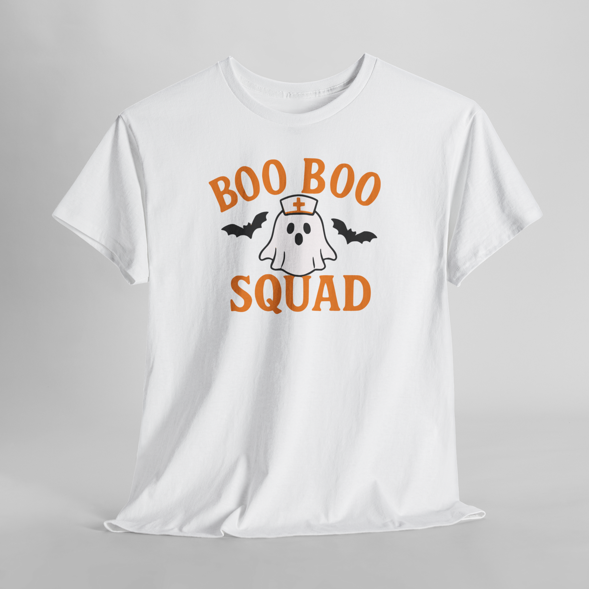 Orange Boo Boo Squad Gildan 5000 t-shirt with ghost wearing a nurse hat and bats