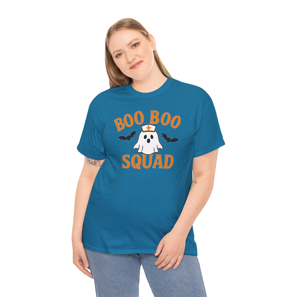 Blue Gildan 5000 t-shirt with orange Boo Boo Squad graphic, ghost in nurse hat and bats.