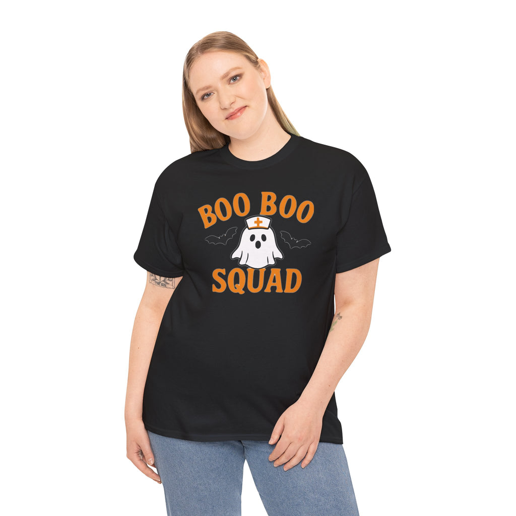 Woman wearing black Gildan 5000 T-shirt with orange Boo Boo Squad text and a ghost in a nurse cap.