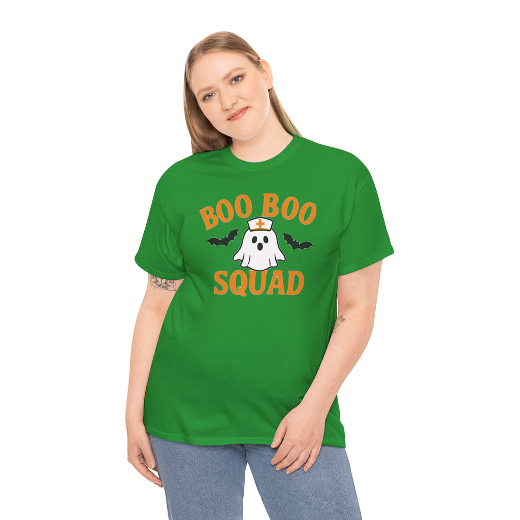 Orange Boo Boo Squad Gildan 5000 green t-shirt with ghost nurse and bats design