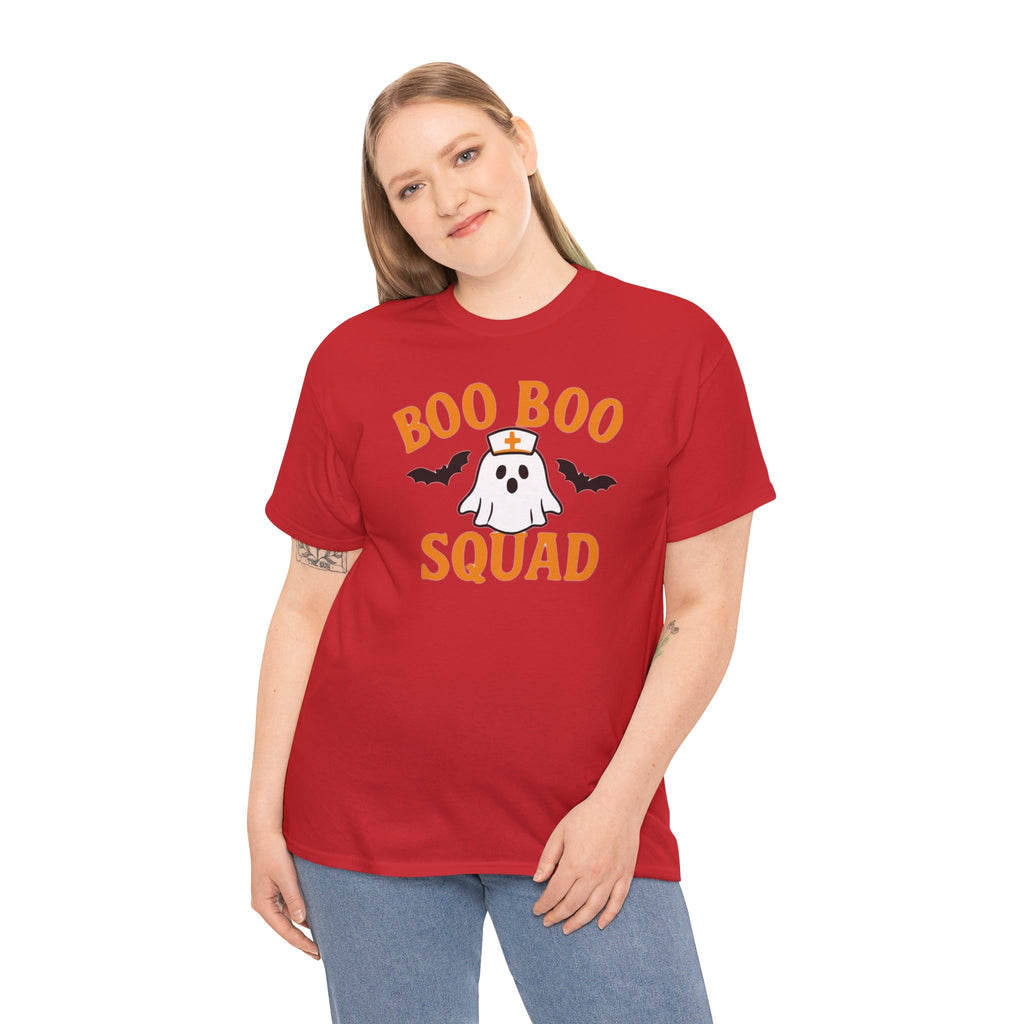 Red Gildan 5000 t-shirt with Boo Boo Squad design: ghost in a nurse hat flanked by bats, orange lettering.