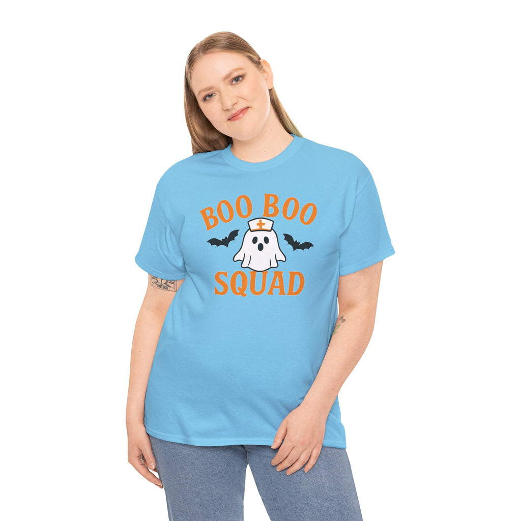 Blue Gildan 5000 tee with Orange Boo Boo Squad graphic featuring a nurse ghost and bats.