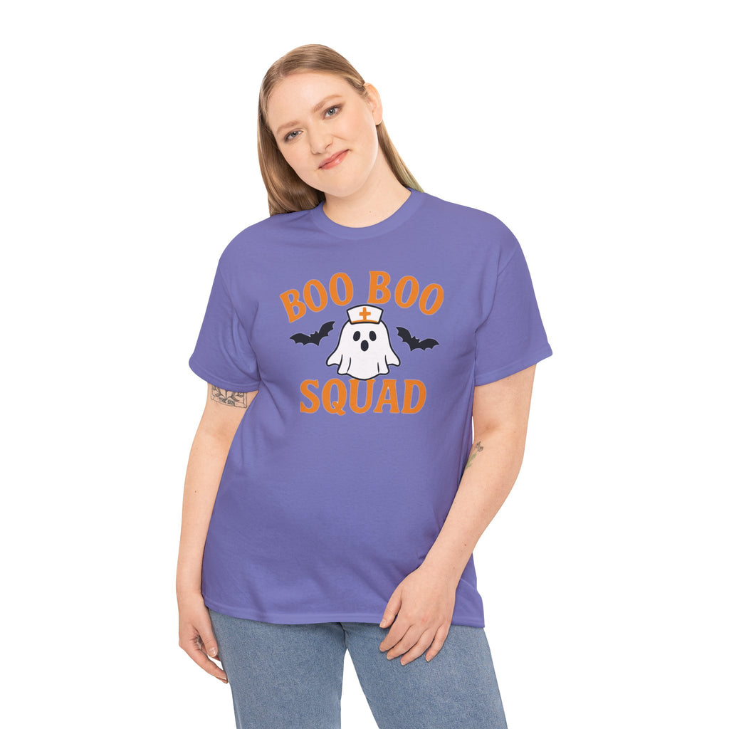 Purple Gildan 5000 tee with orange Boo Boo Squad design featuring a ghost in a nurse hat and bats.