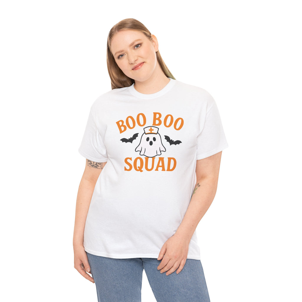 Woman in white Gildan 5000 tee with Orange Boo Boo Squad ghost wearing a nurse hat and bats.