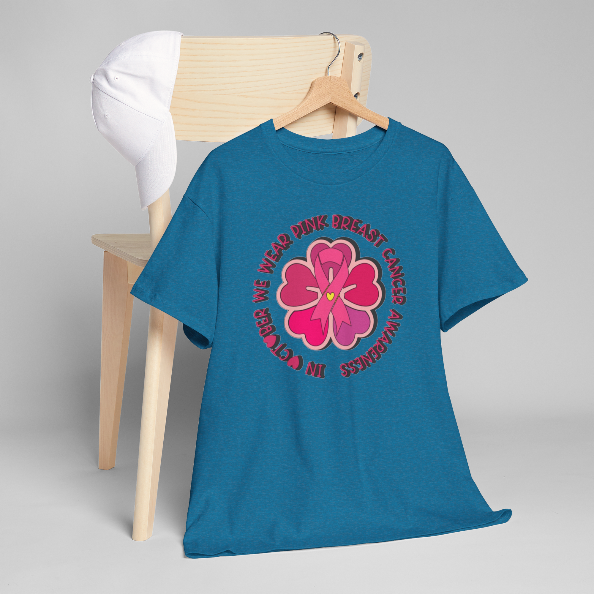 Blue Gildan 5000 tee featuring a pink flower and breast cancer awareness ribbon.