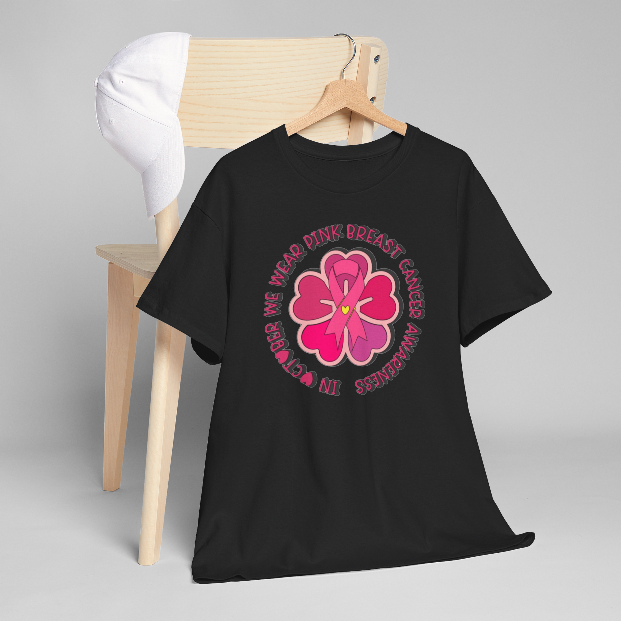 Black Gildan 5000 tee featuring a pink flower and breast cancer awareness ribbon design.