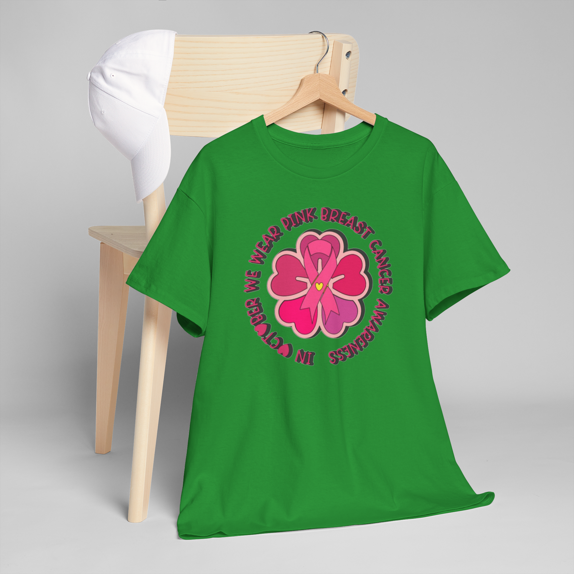 Pink Flower breast cancer awareness design on green Gildan 5000 t-shirt
