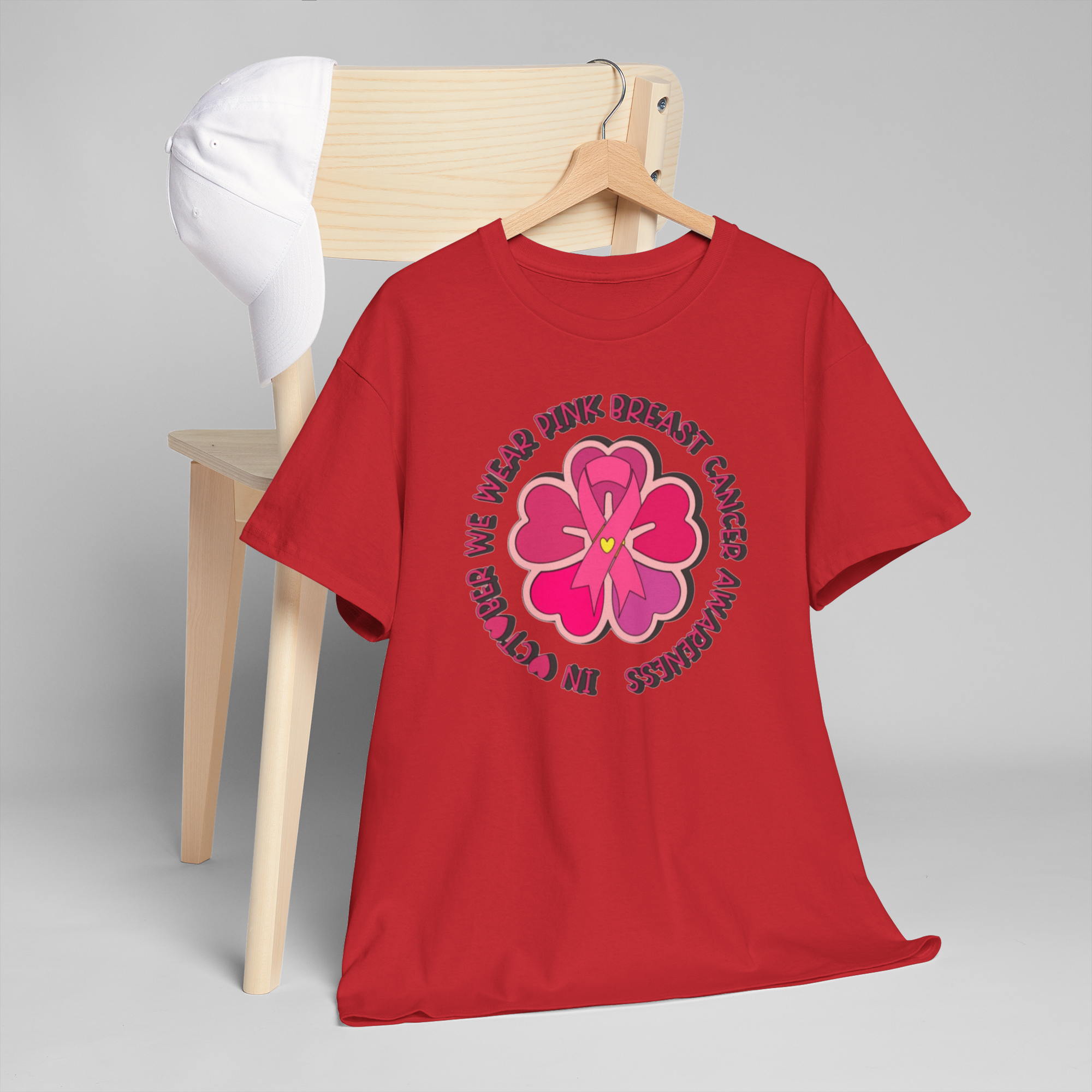 Red Gildan 5000 tee featuring a pink flower with ribbon and circular breast cancer awareness text.