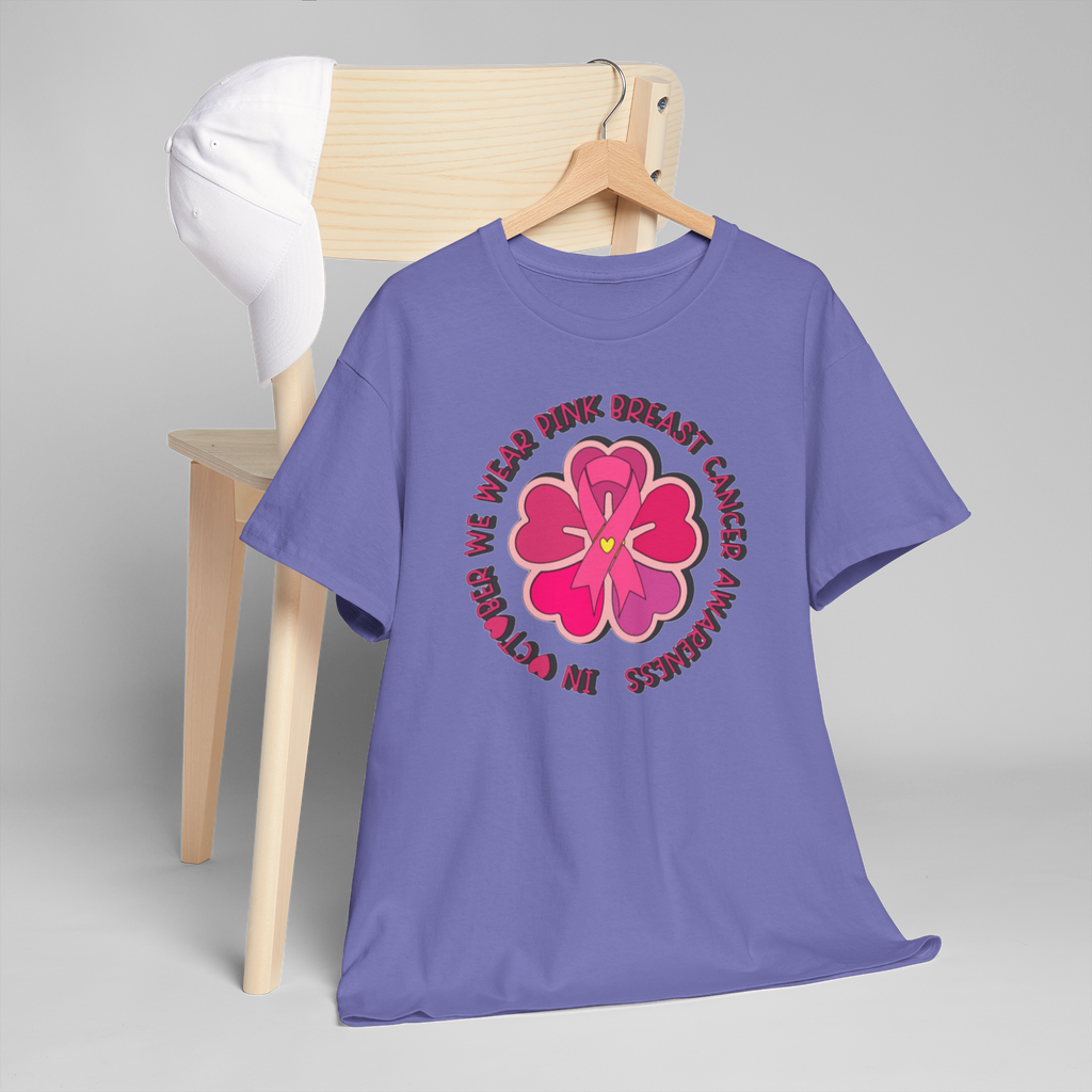 Lavender Gildan 5000 T-shirt with pink flower and pink ribbon breast cancer awareness circular design.